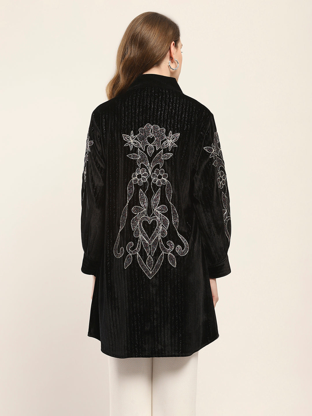 Women Black Self Design Front Open Full Sleeve Shrug