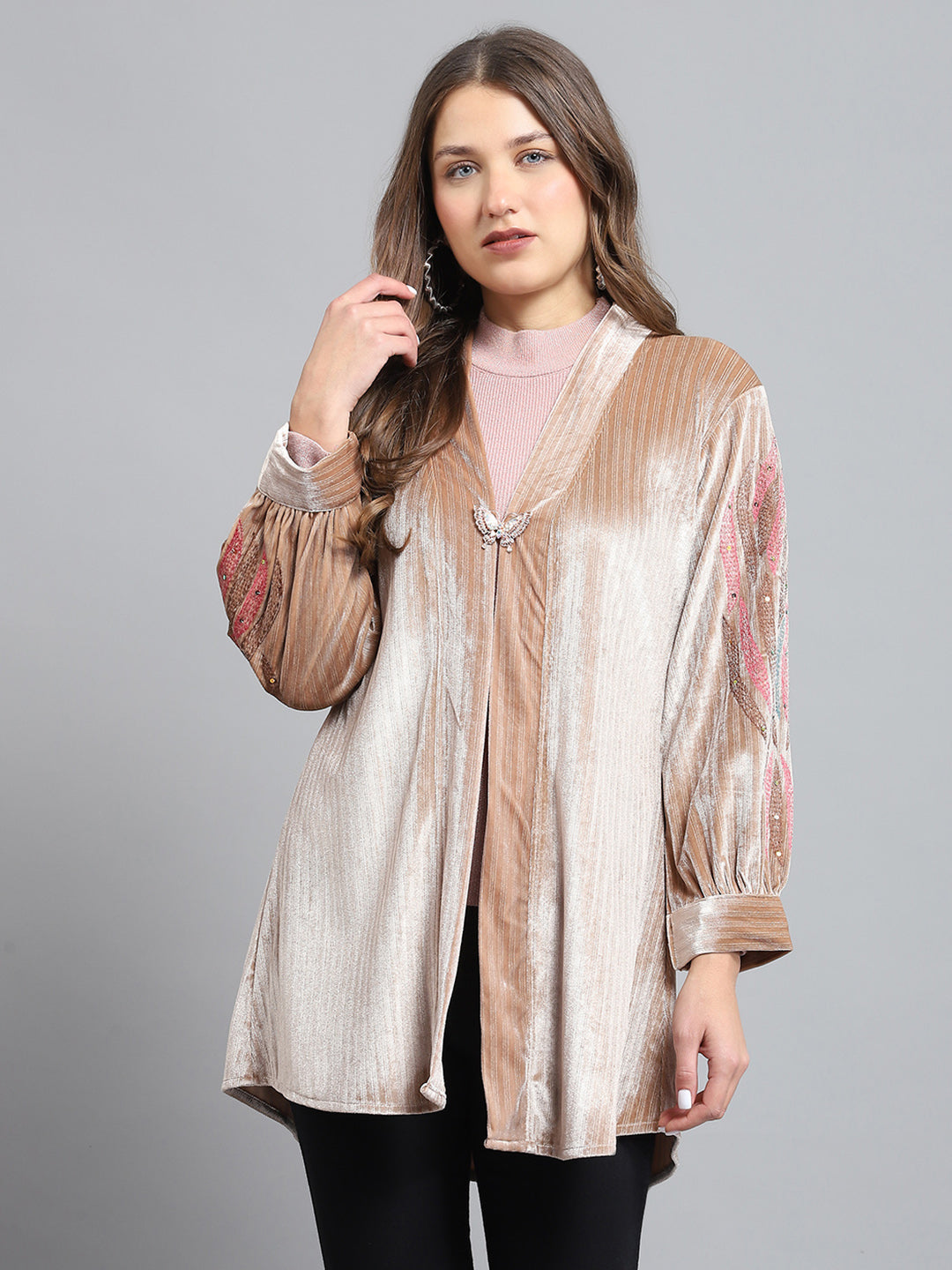 Women Beige Self Design V Neck Full Sleeve Shrug