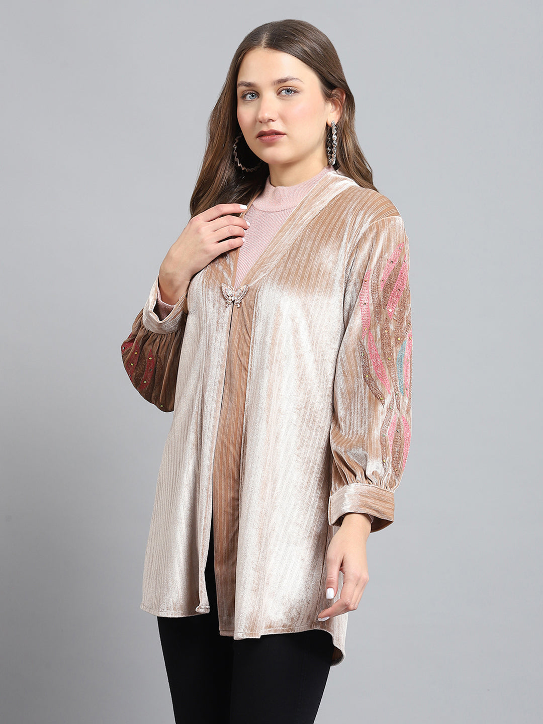 Women Beige Self Design V Neck Full Sleeve Shrug