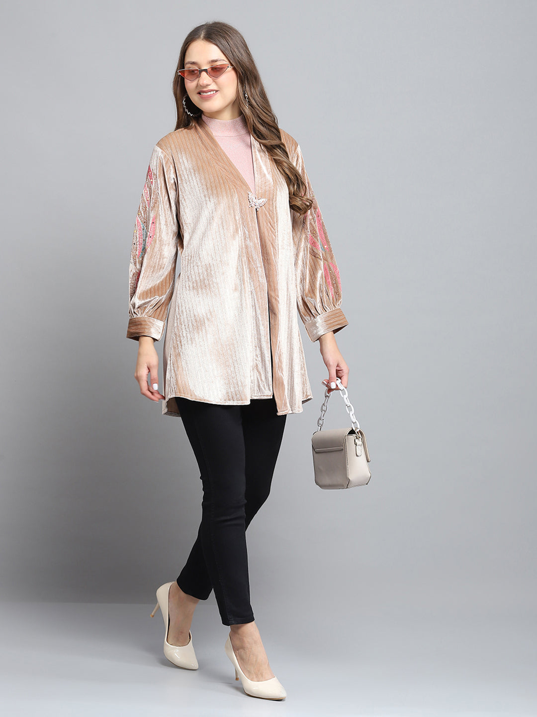 Women Beige Self Design V Neck Full Sleeve Shrug