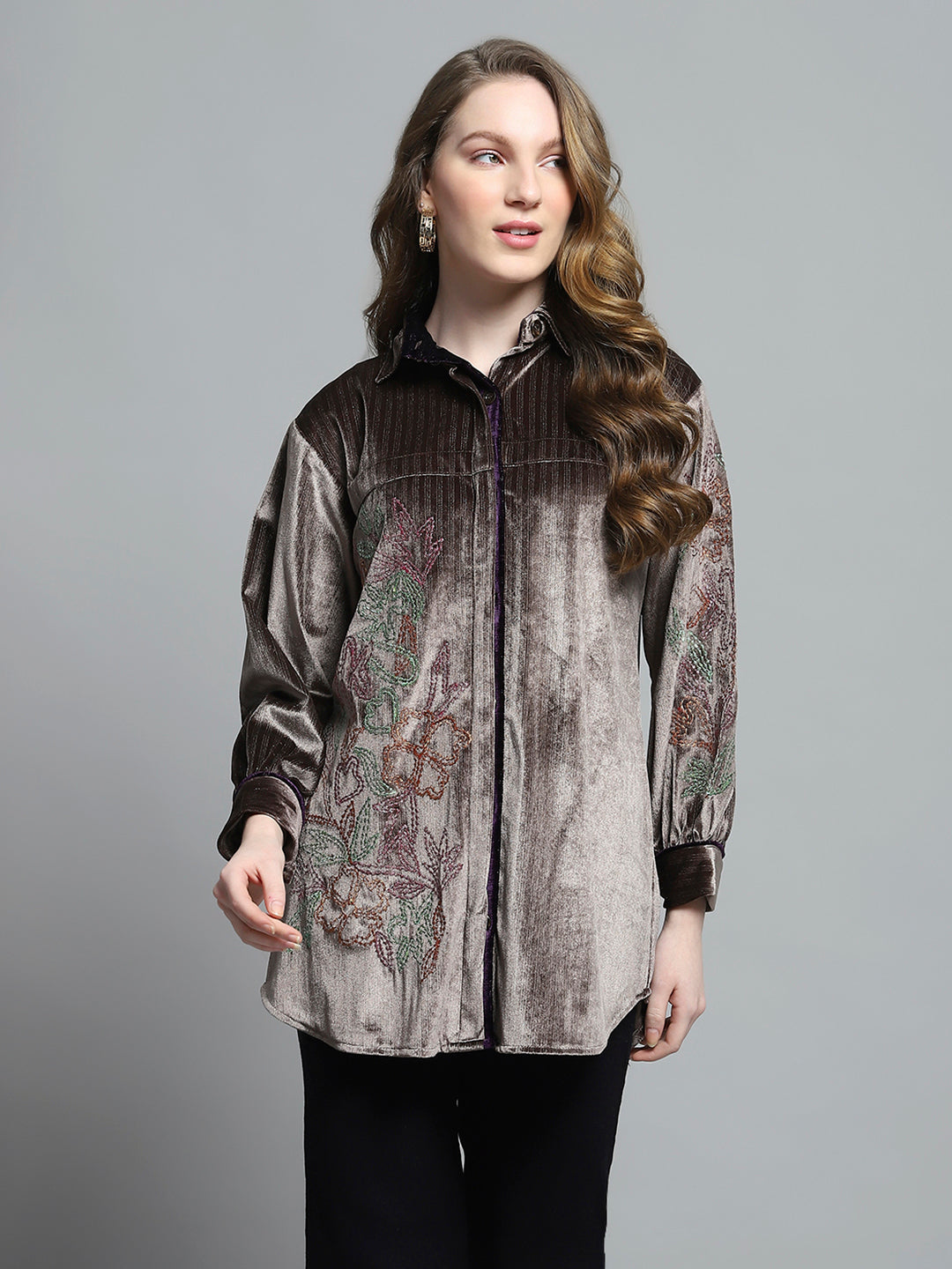 Women Brown Self Design Collar Full Sleeve Winter Shirt