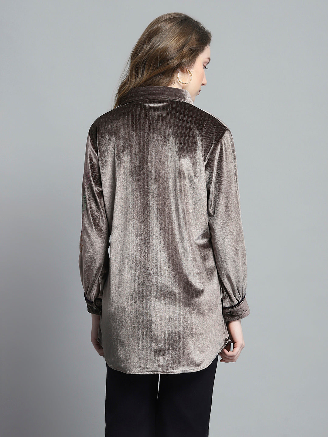 Women Brown Self Design Collar Full Sleeve Winter Shirt