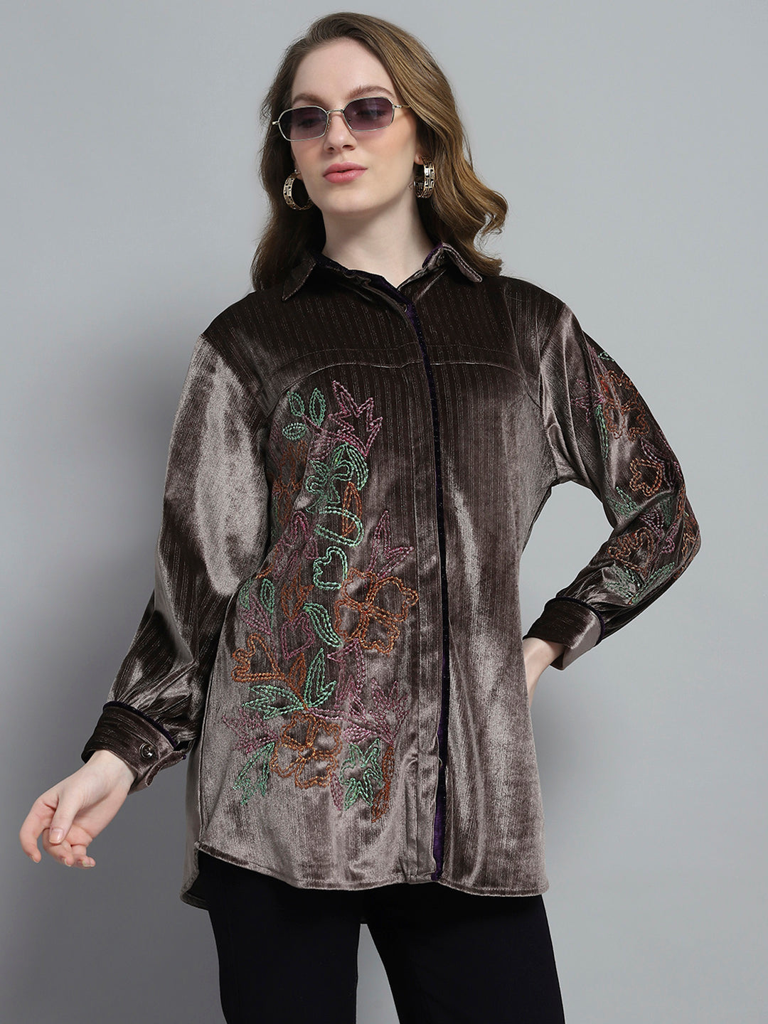 Women Brown Self Design Collar Full Sleeve Winter Shirt