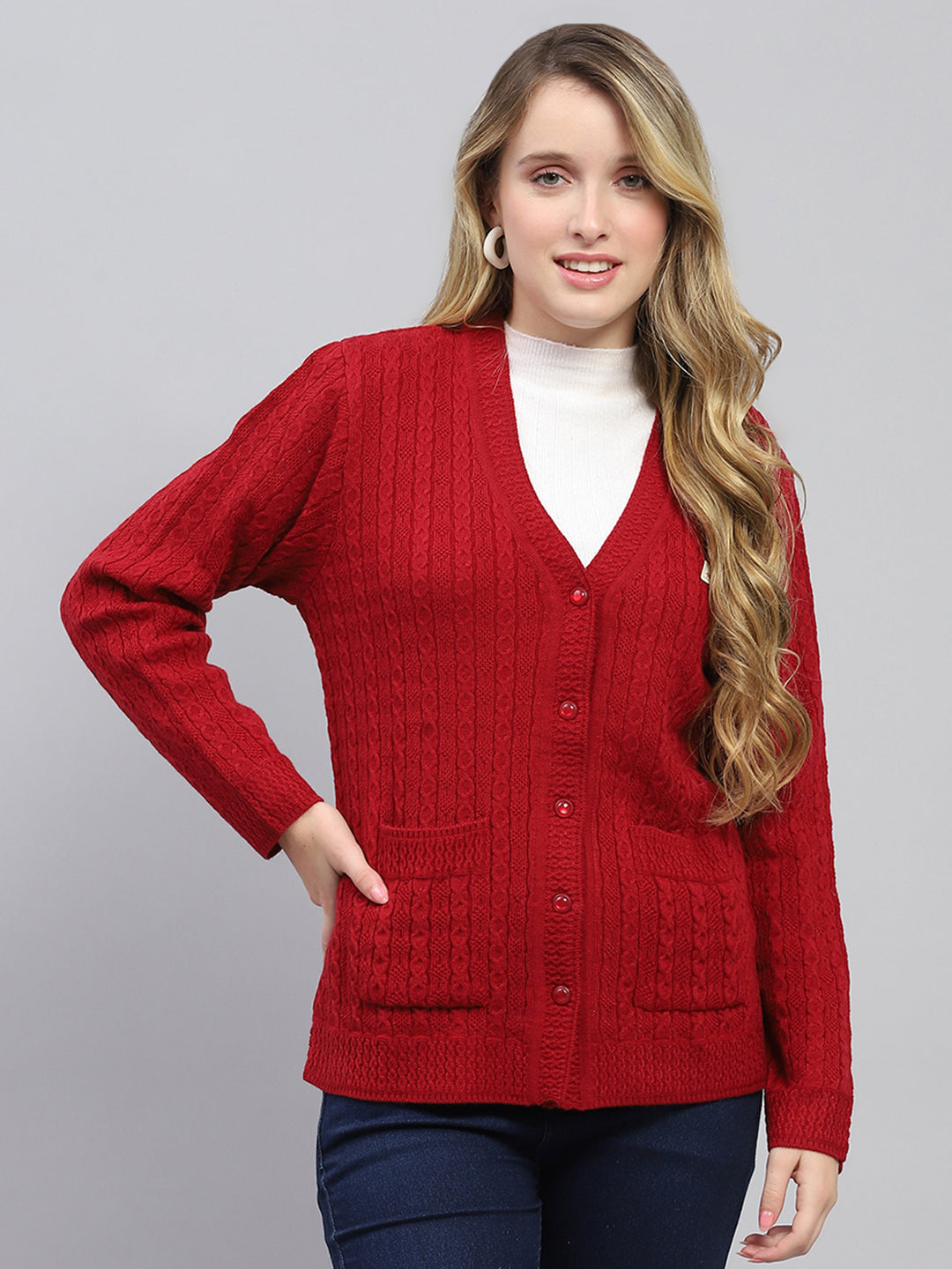 V Neck Red Cable Knit Cardigan Sweater Crew Women's Cable-knit