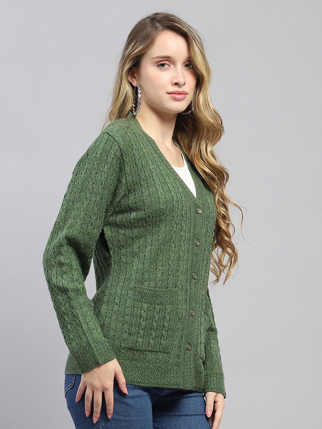 Women Green Self Design V Neck Full Sleeve Cardigan
