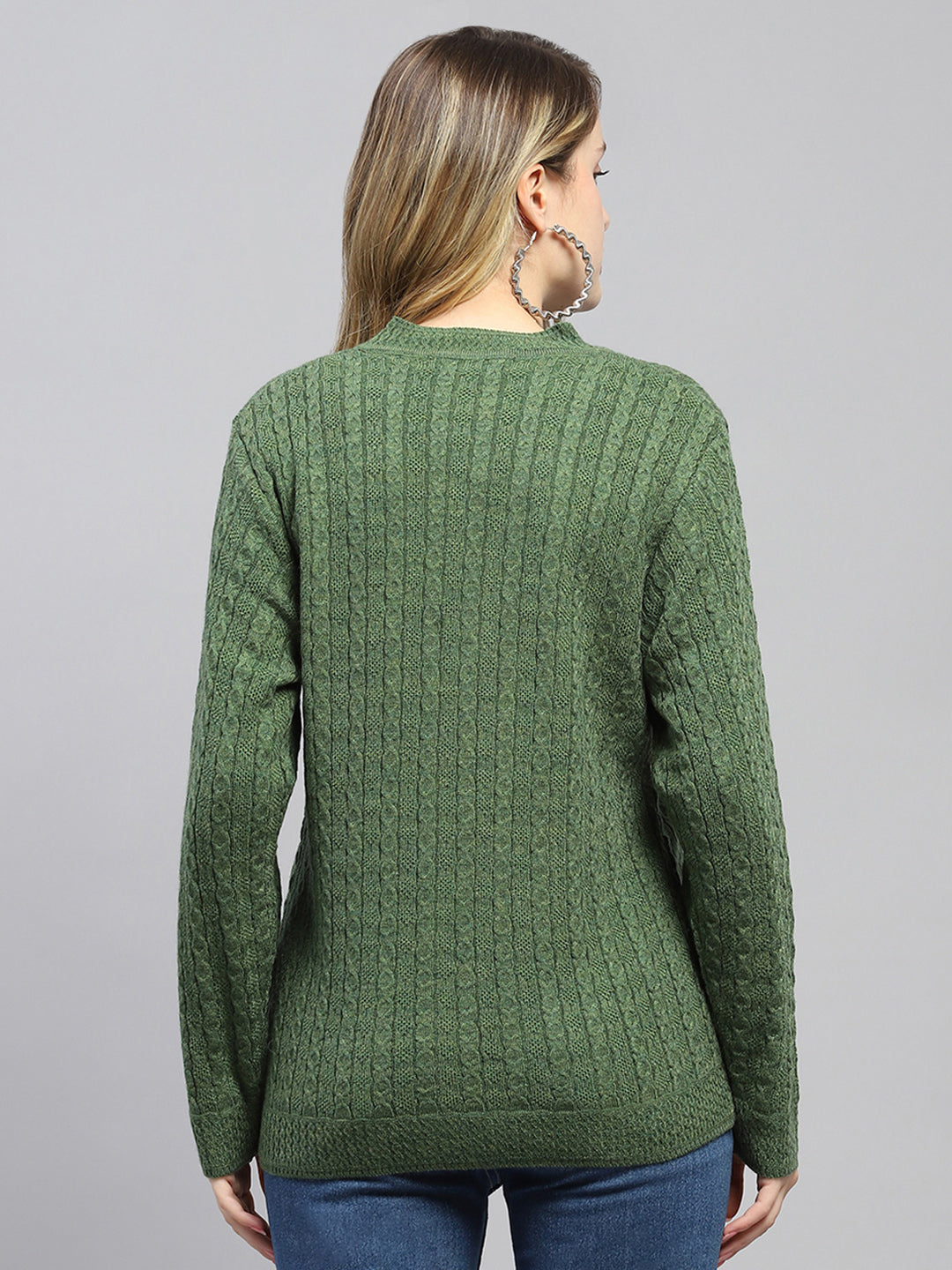 Women Green Self Design V Neck Full Sleeve Cardigan