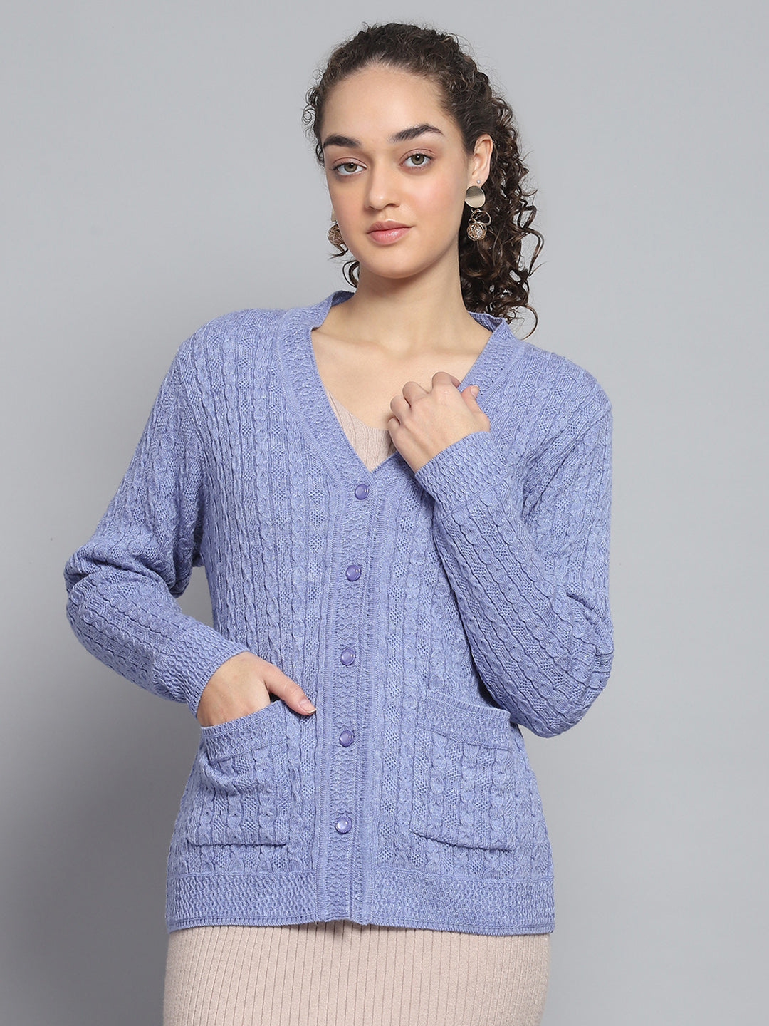 Women Purple Self Design V Neck Full Sleeve Cardigan