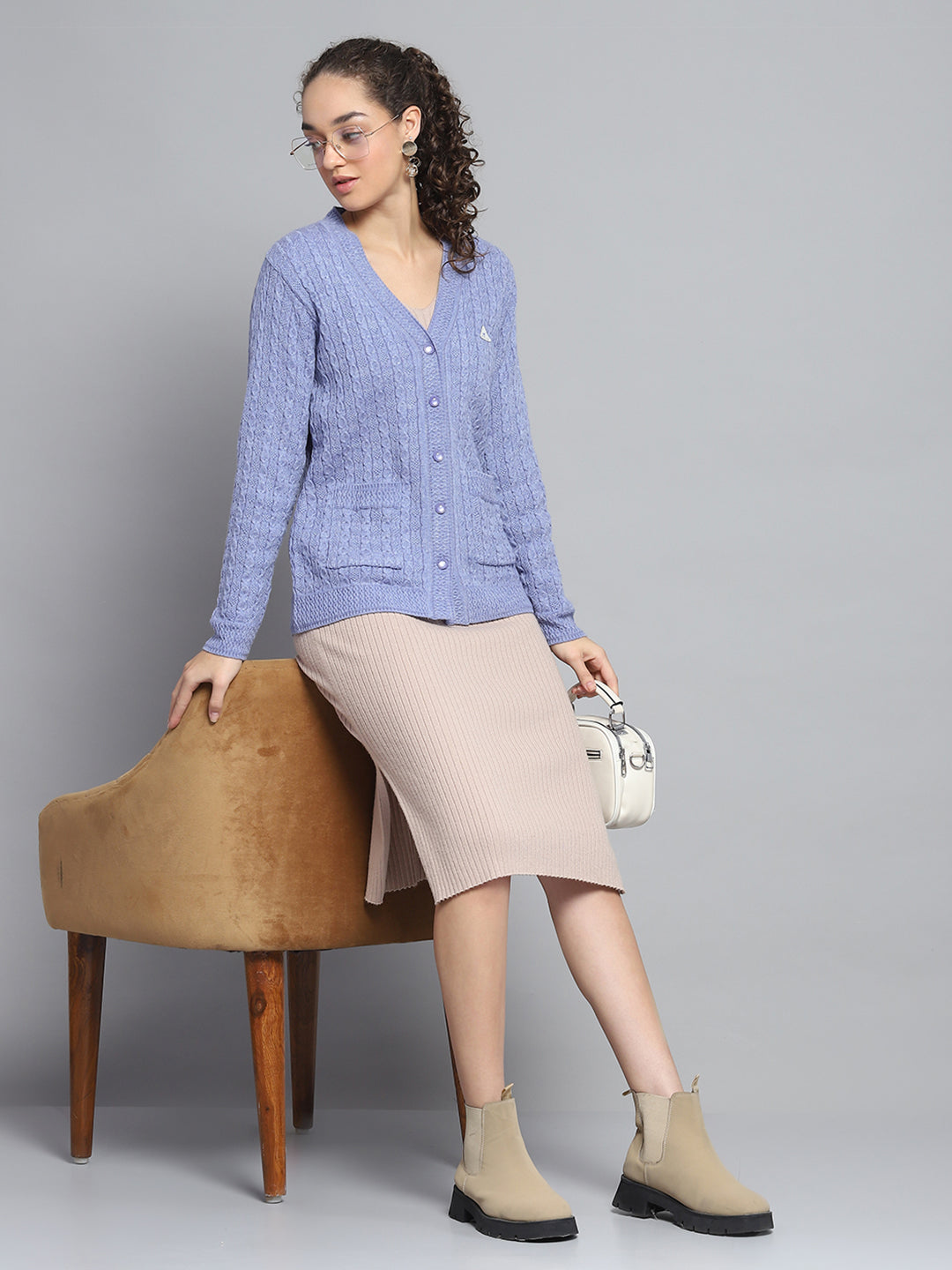 Women Purple Self Design V Neck Full Sleeve Cardigan