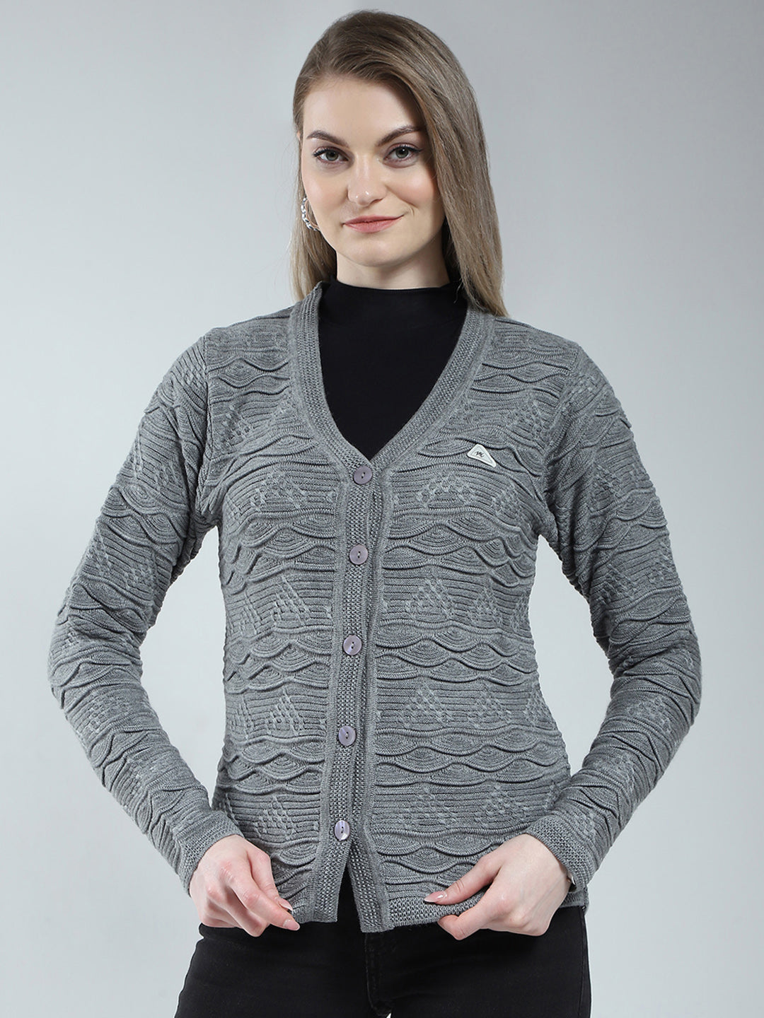 Women Grey Self Design V Neck Full Sleeve Cardigan