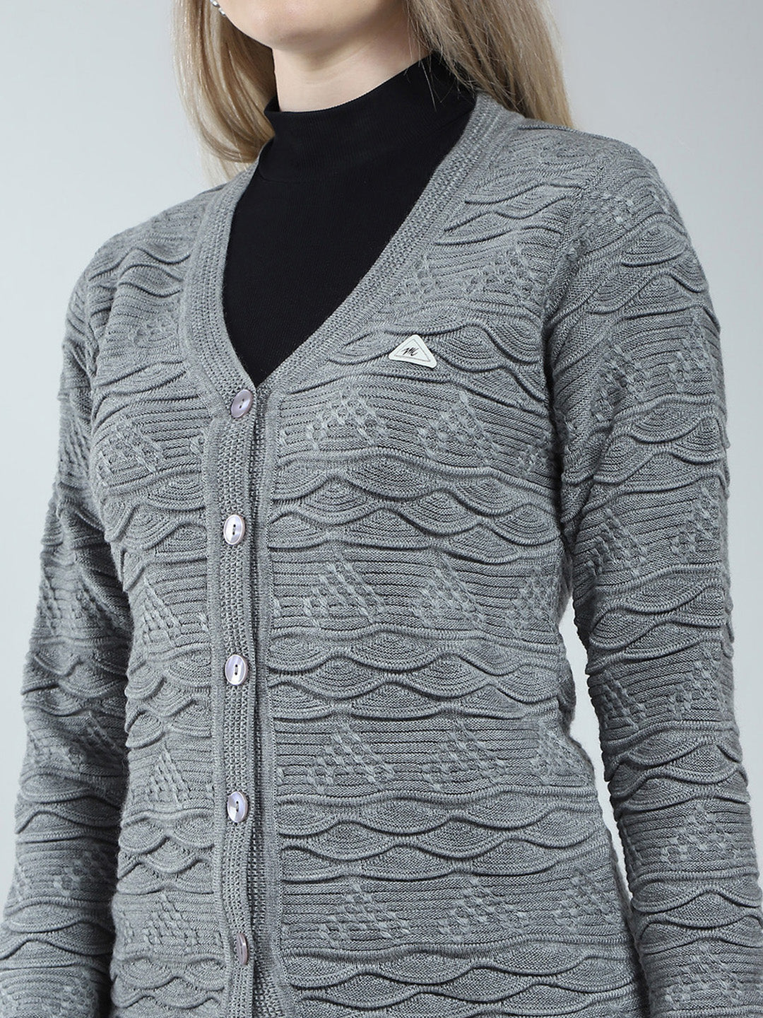 Women Grey Self Design V Neck Full Sleeve Cardigan