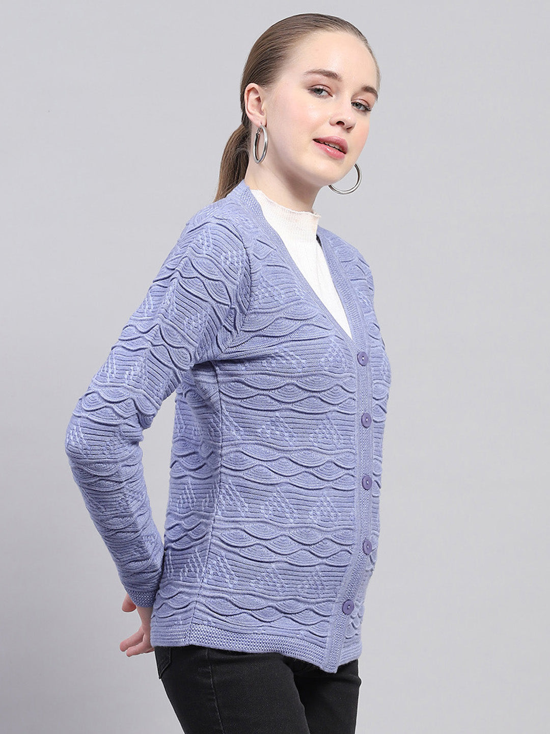 Women Purple Self Design V Neck Full Sleeve Cardigan