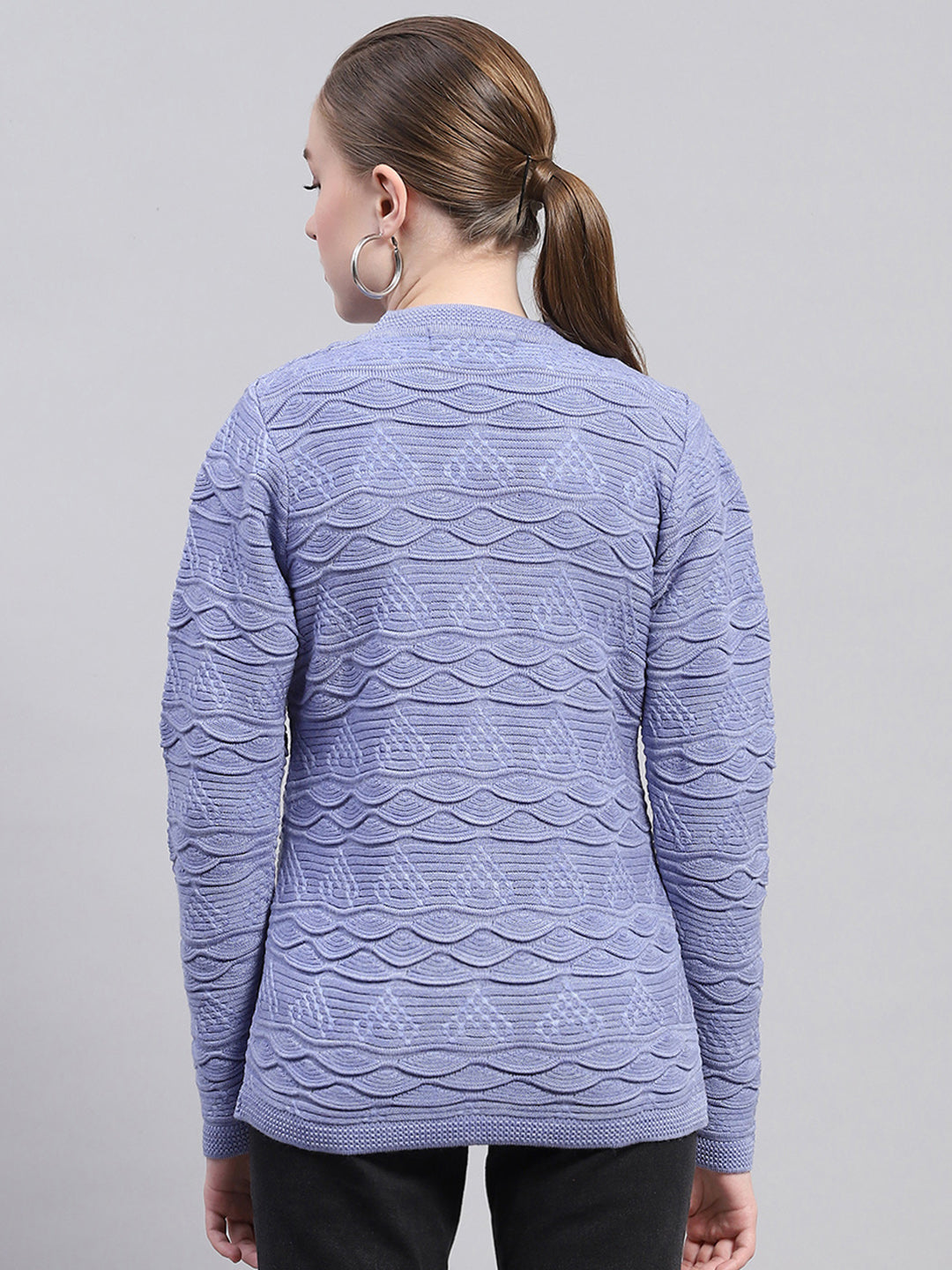 Women Purple Self Design V Neck Full Sleeve Cardigan