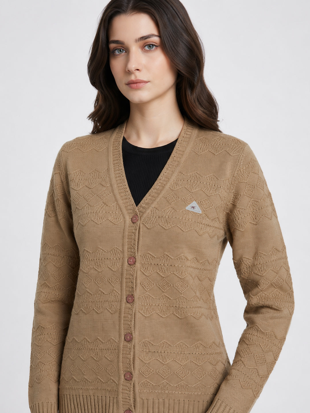 Women Brown Self Design V Neck Full Sleeve Cardigan