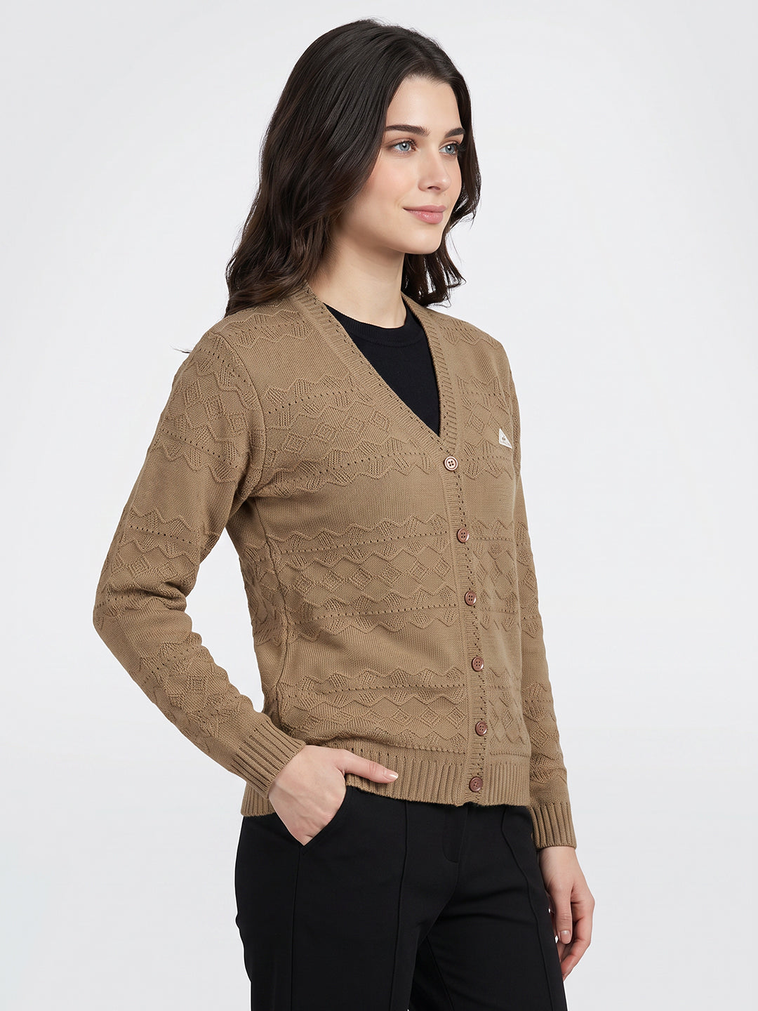 Women Brown Self Design V Neck Full Sleeve Cardigan