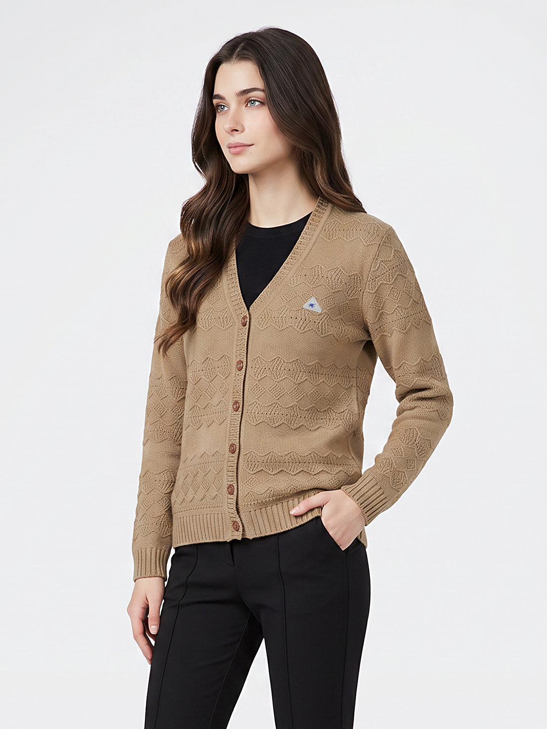 Women Brown Self Design V Neck Full Sleeve Cardigan