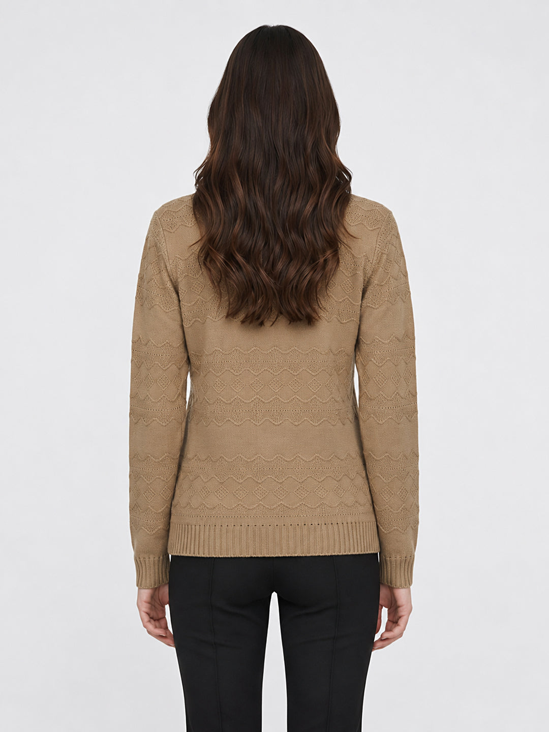 Women Brown Self Design V Neck Full Sleeve Cardigan