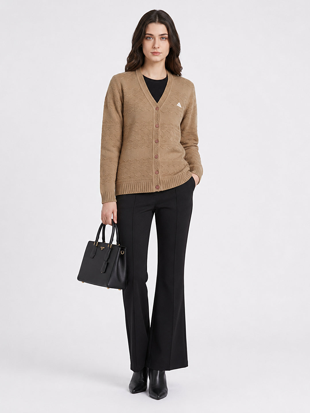 Women Brown Self Design V Neck Full Sleeve Cardigan