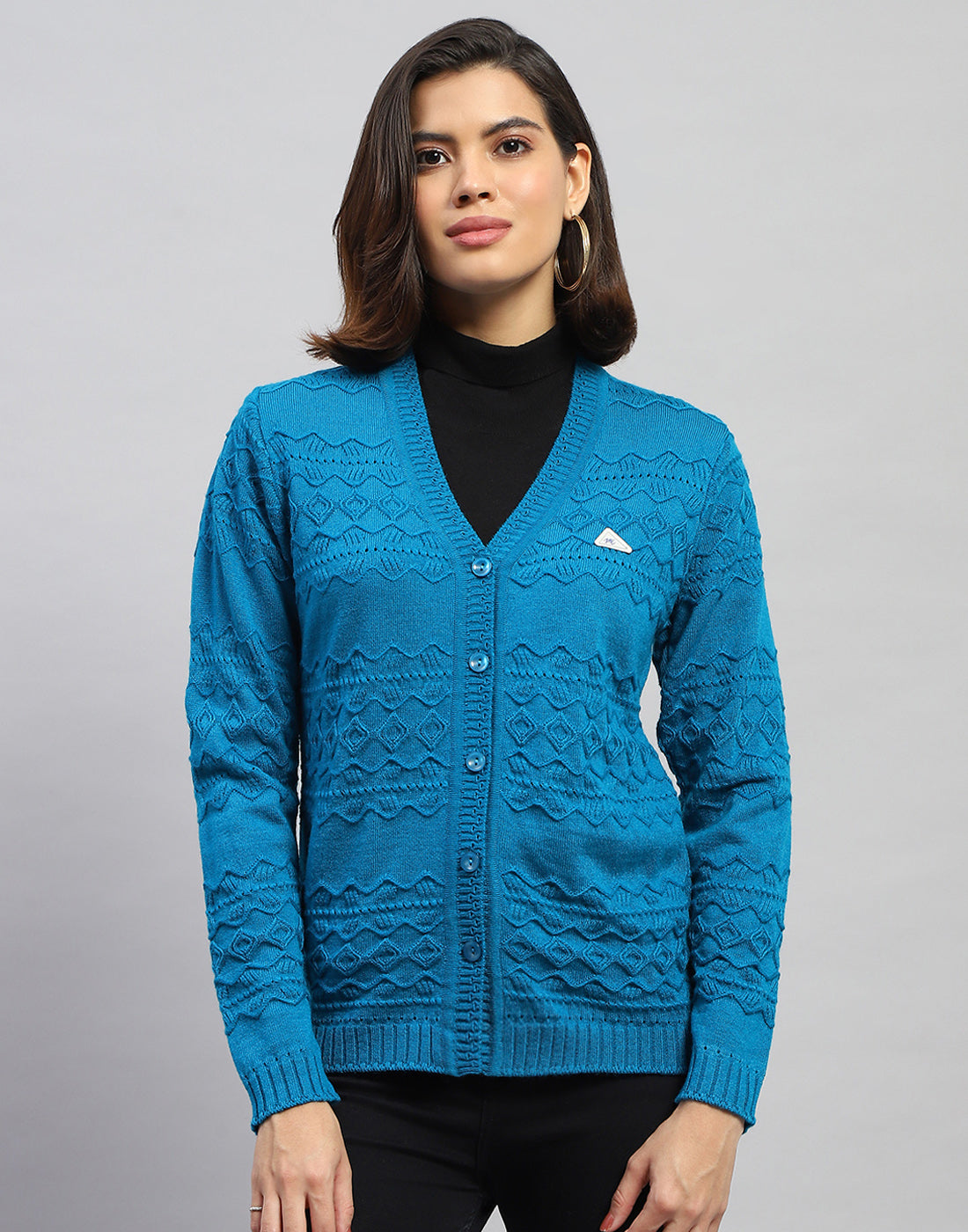 Women Blue Self Design V Neck Full Sleeve Cardigan