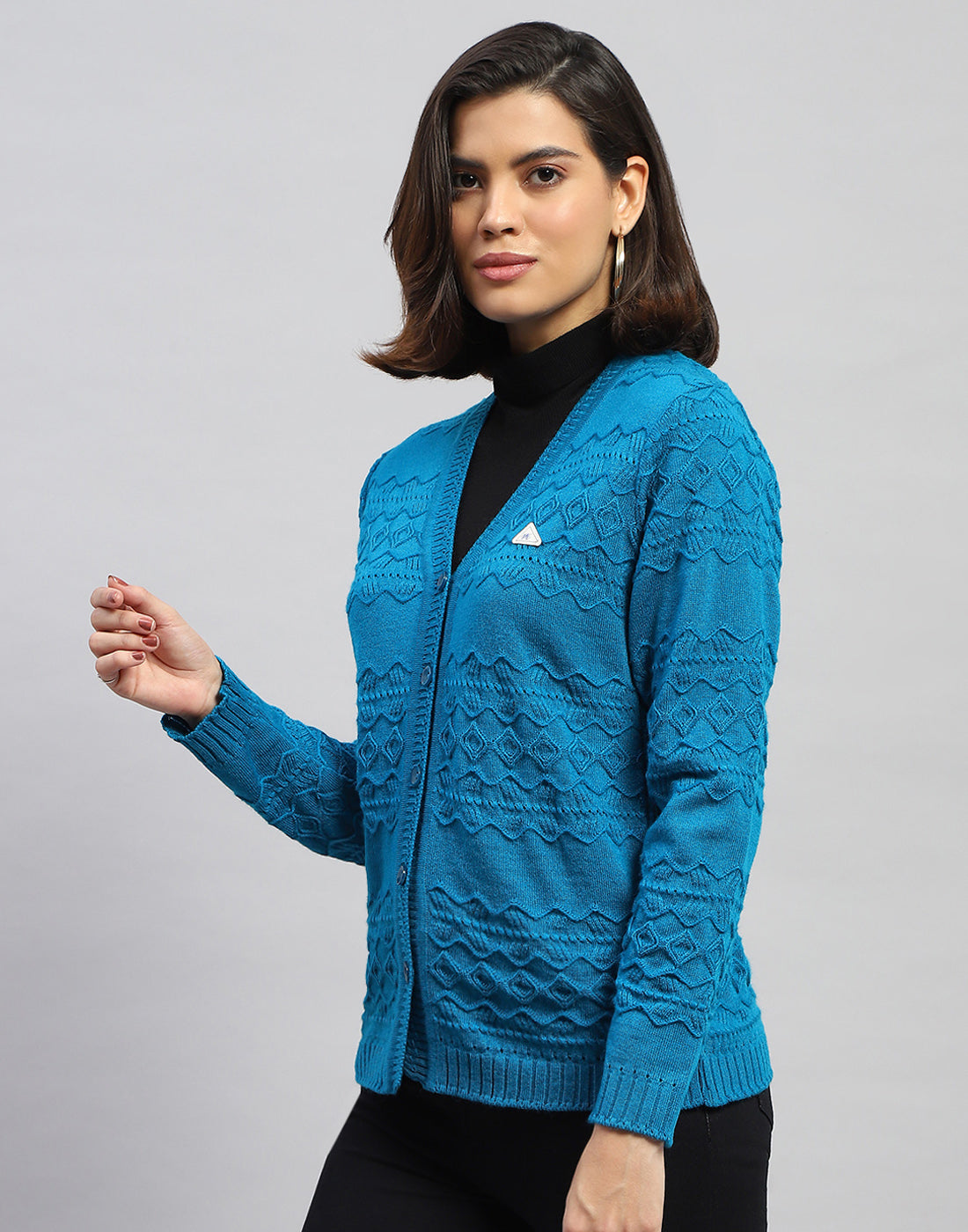 Women Blue Self Design V Neck Full Sleeve Cardigan