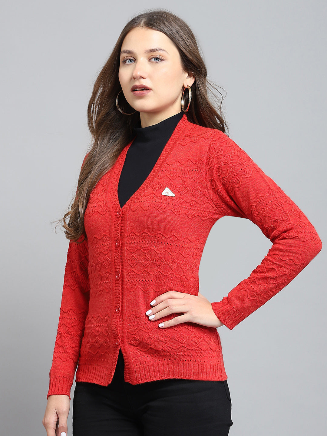 Women Red Self Design V Neck Full Sleeve Cardigan