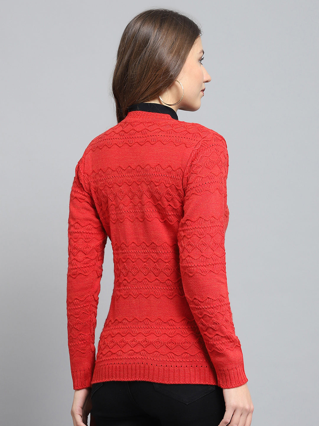 Women Red Self Design V Neck Full Sleeve Cardigan