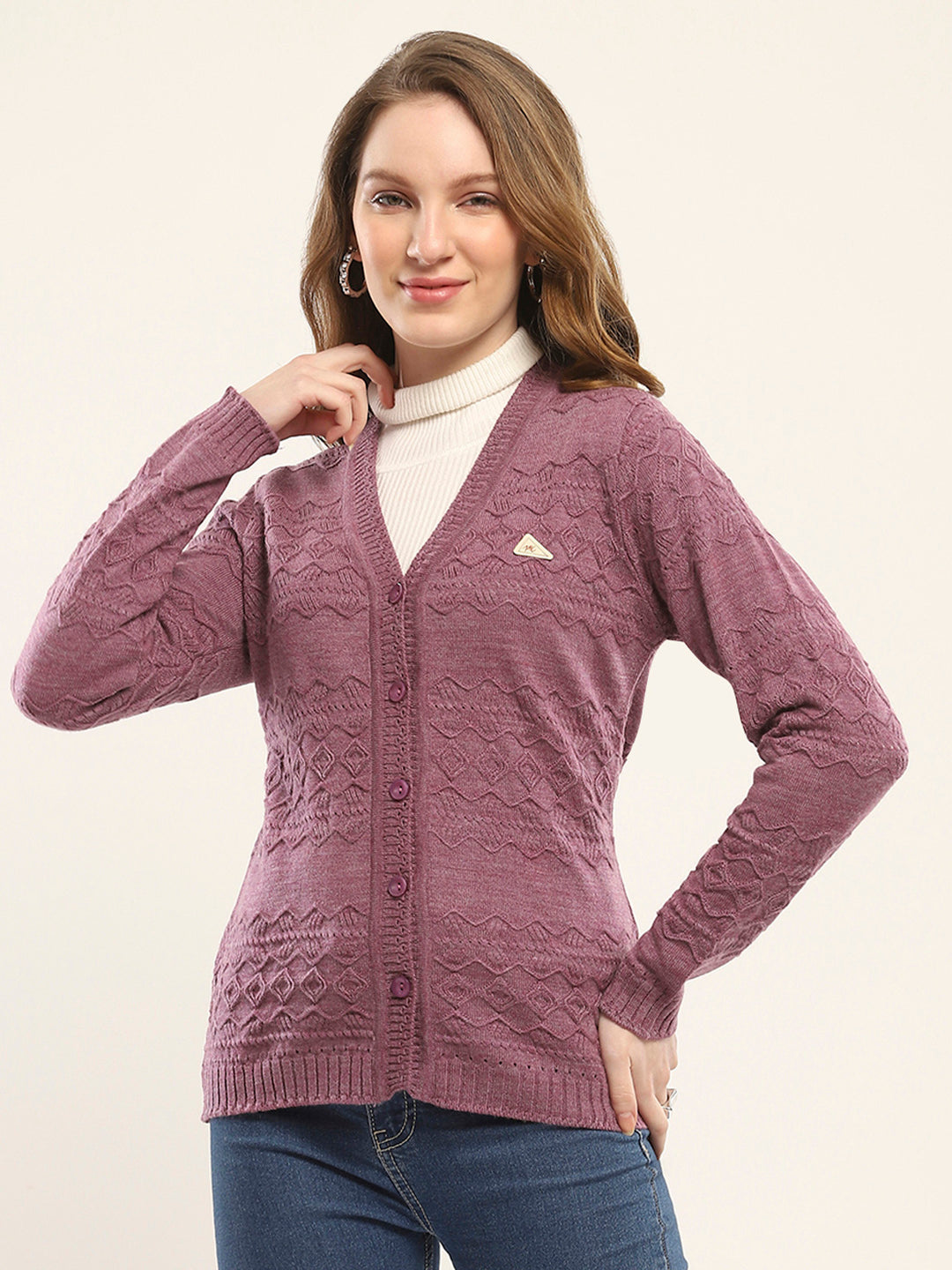 Women Purple Self Design V Neck Full Sleeve Cardigan