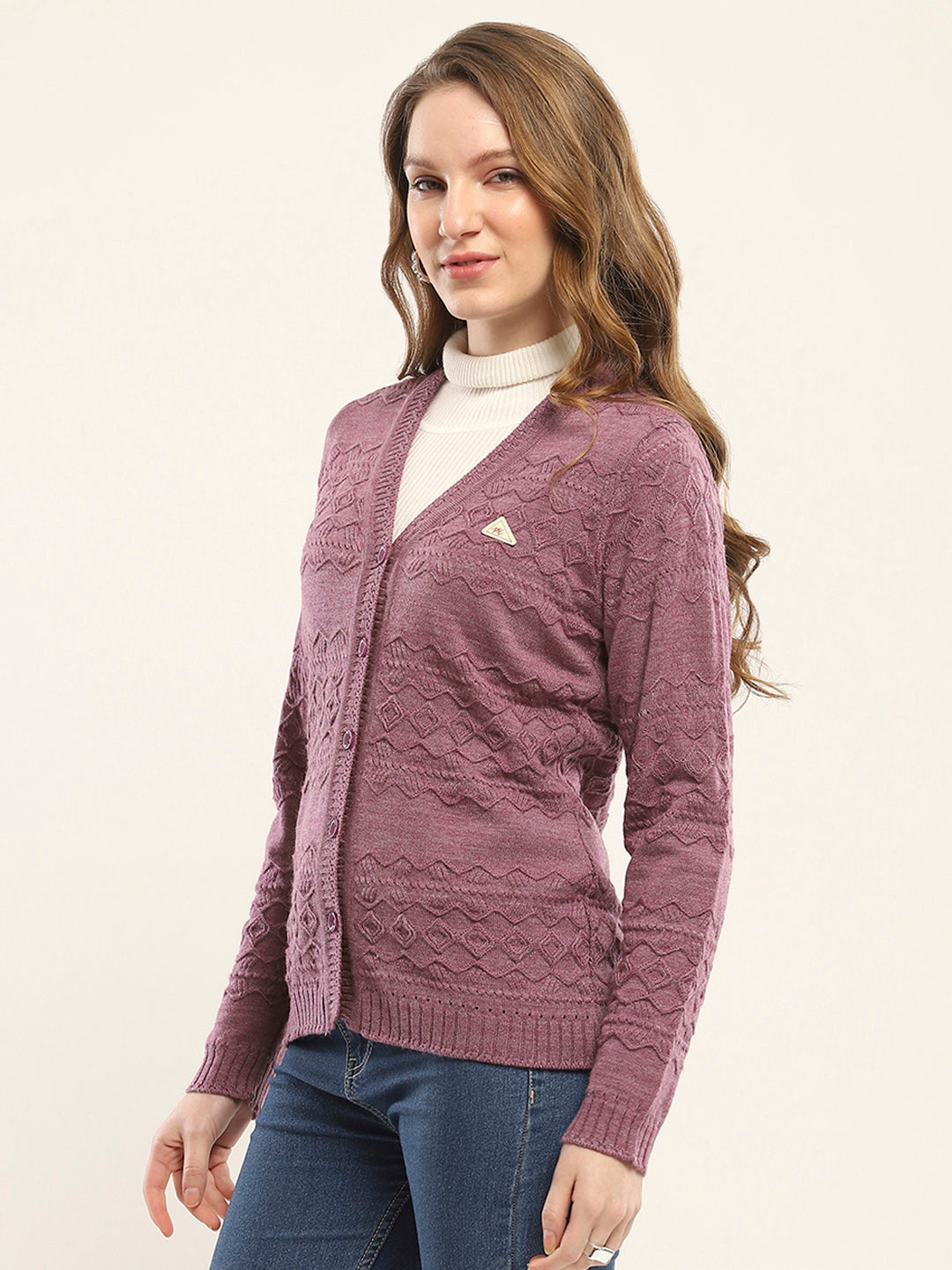 Women Purple Self Design V Neck Full Sleeve Cardigan
