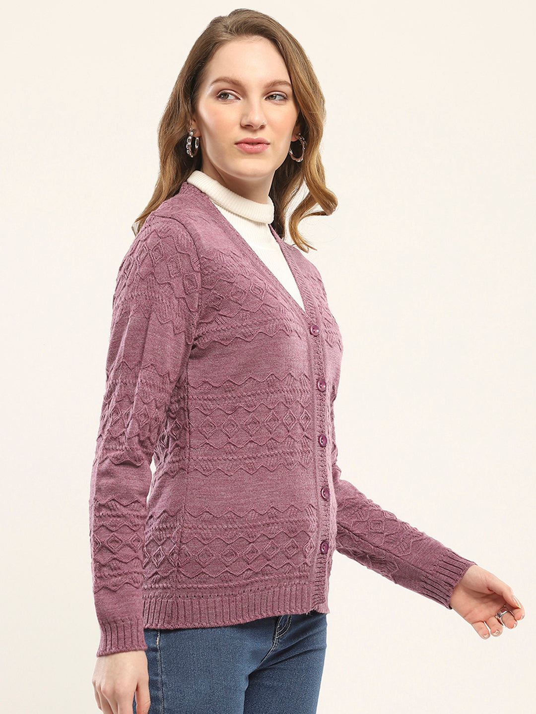 Women Purple Self Design V Neck Full Sleeve Cardigan
