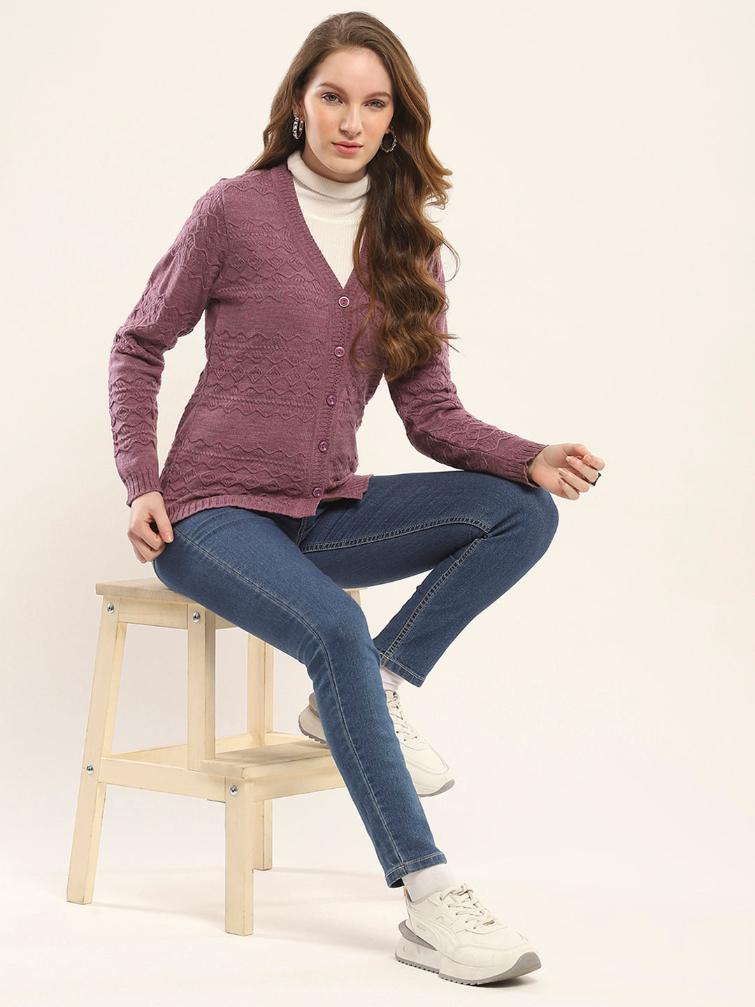 Women Purple Self Design V Neck Full Sleeve Cardigan