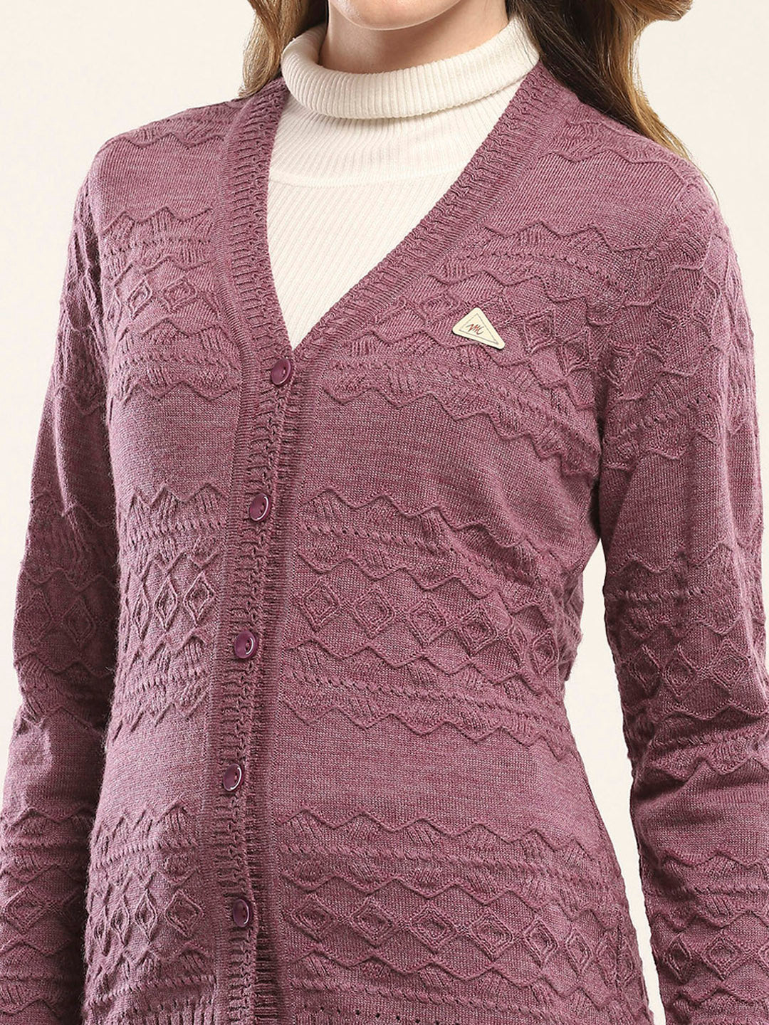 Women Purple Self Design V Neck Full Sleeve Cardigan