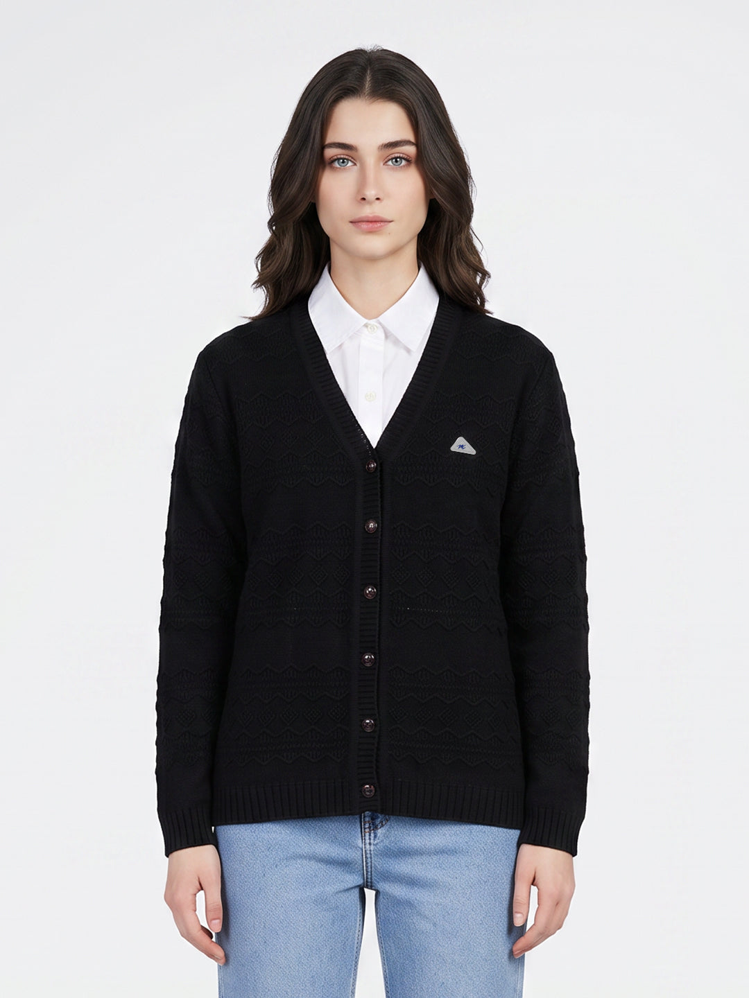 Women Black Self Design V Neck Full Sleeve Cardigan