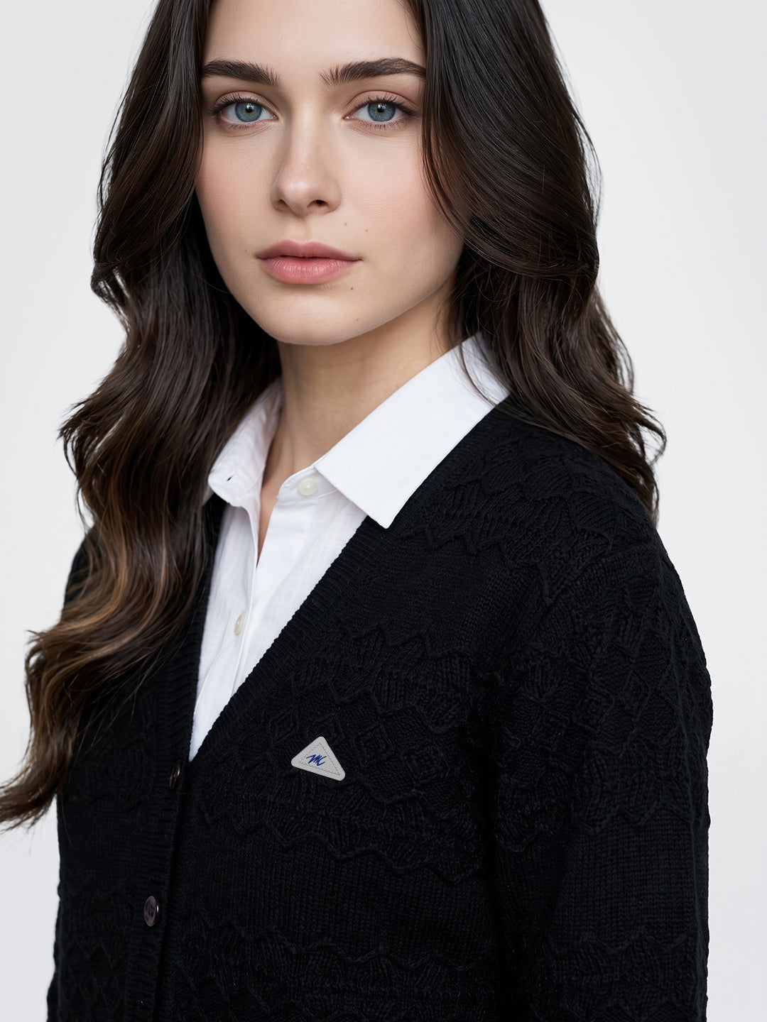 Women Black Self Design V Neck Full Sleeve Cardigan
