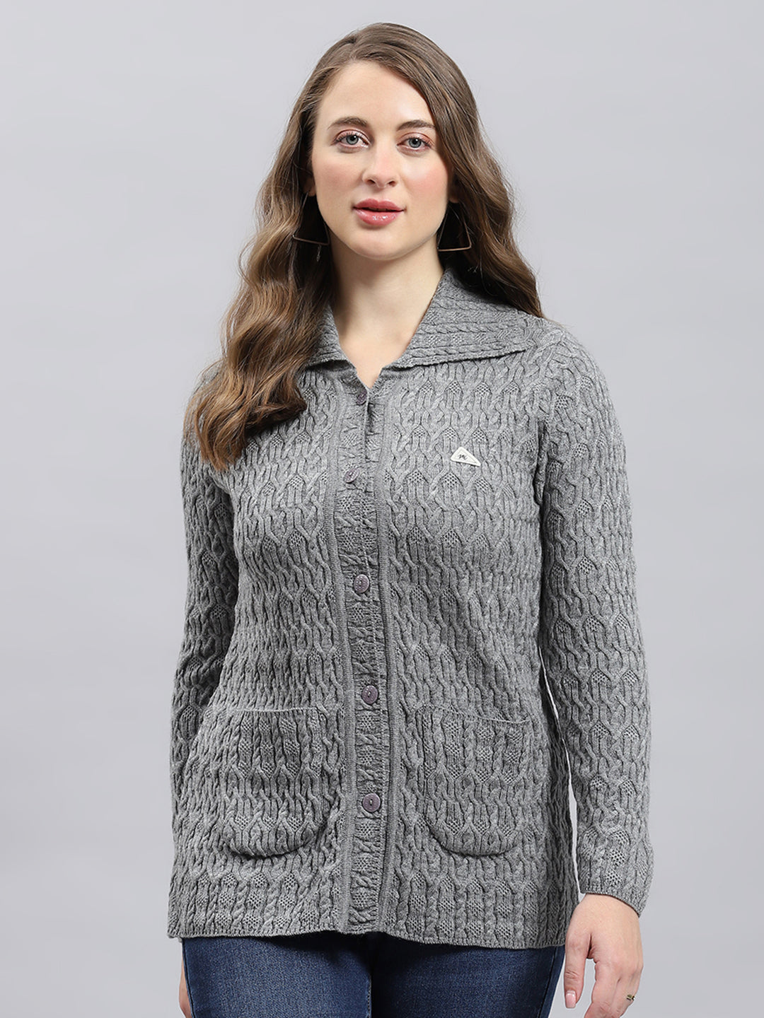 Women Grey Self Design Collar Full Sleeve Cardigan