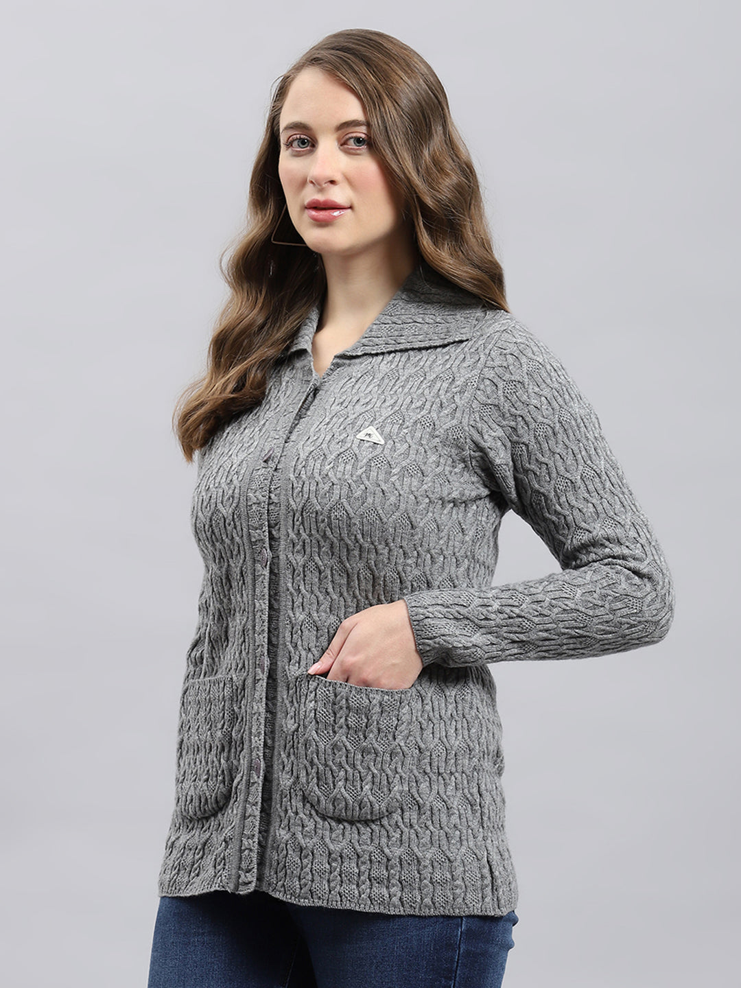 Women Grey Self Design Collar Full Sleeve Cardigan