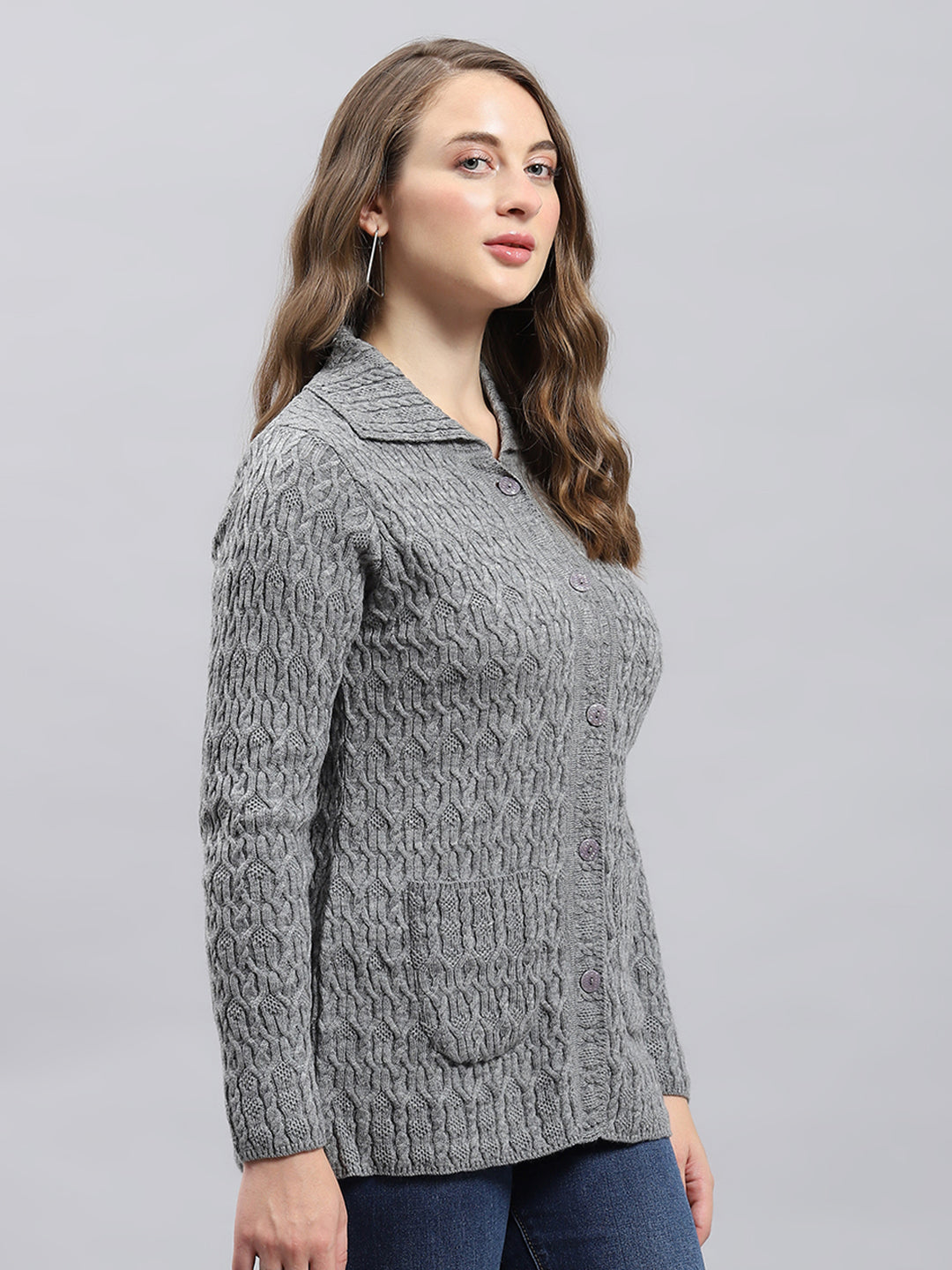 Women Grey Self Design Collar Full Sleeve Cardigan