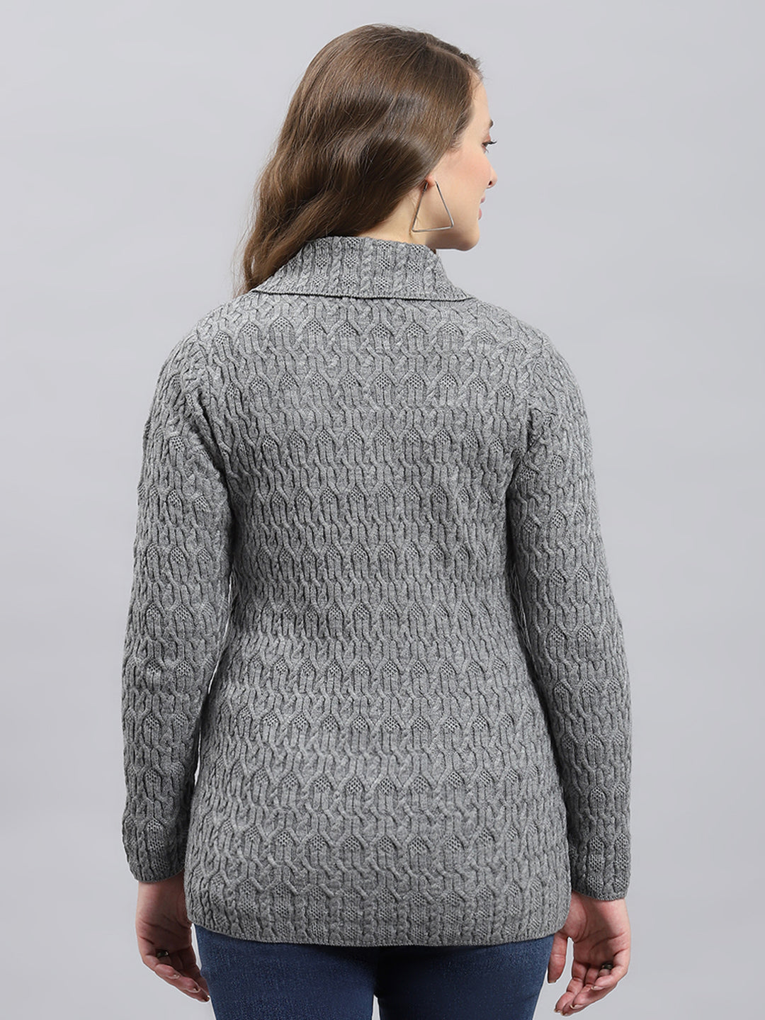 Women Grey Self Design Collar Full Sleeve Cardigan