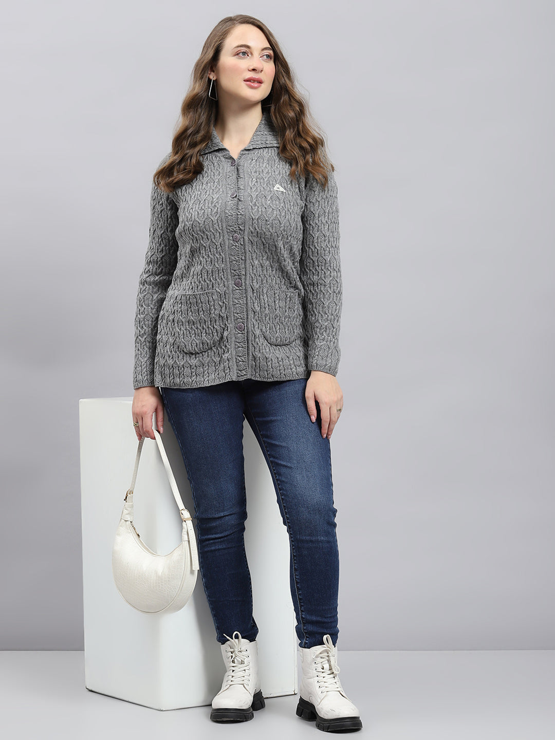 Women Grey Self Design Collar Full Sleeve Cardigan