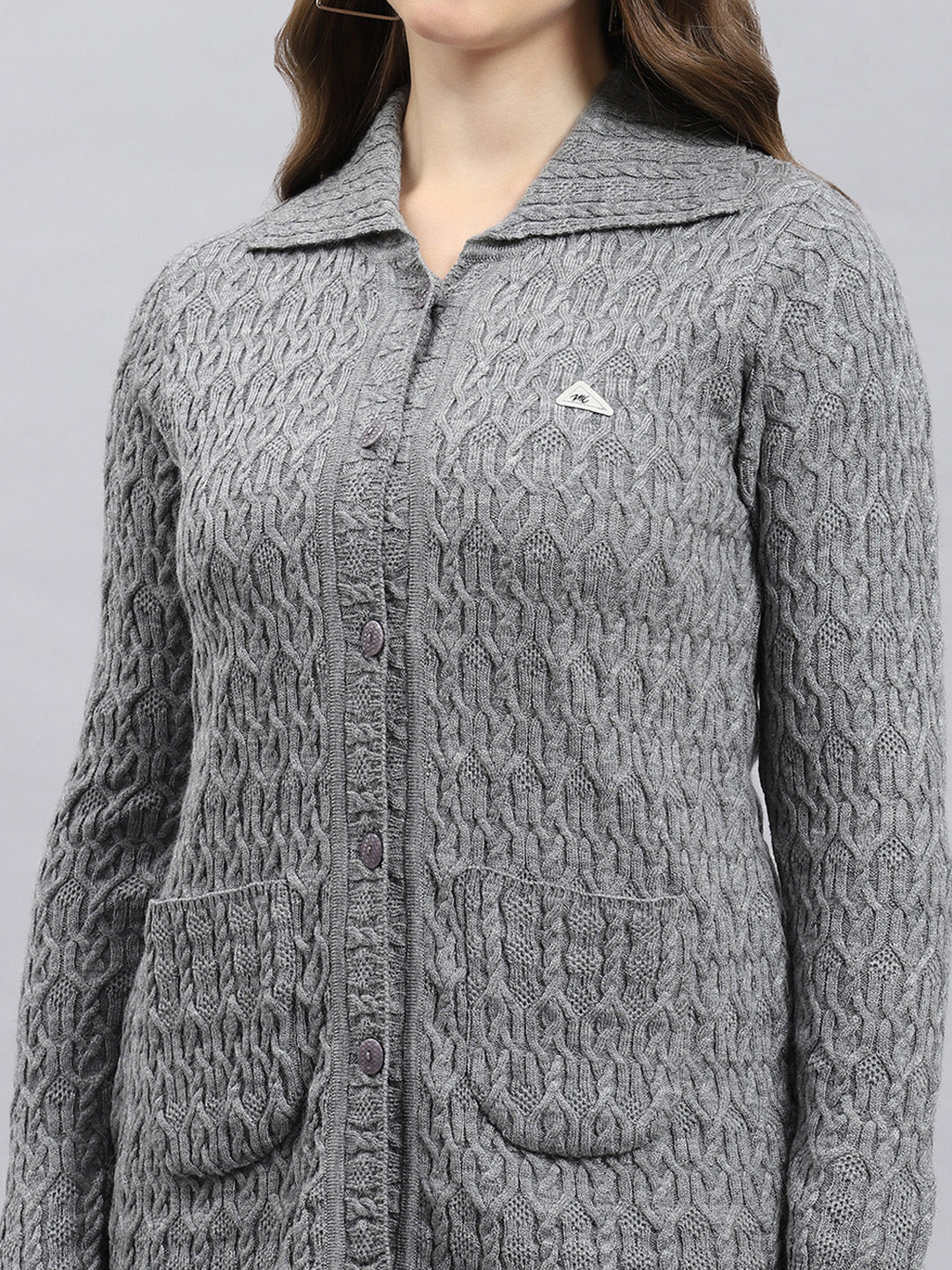 Women Grey Self Design Collar Full Sleeve Cardigan