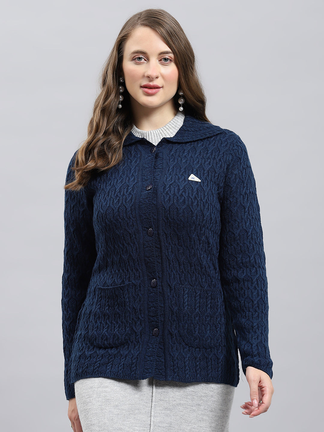 Women Blue Self Design Collar Full Sleeve Cardigan