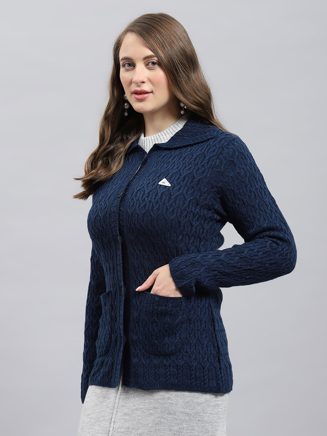 Women Blue Self Design Collar Full Sleeve Cardigan