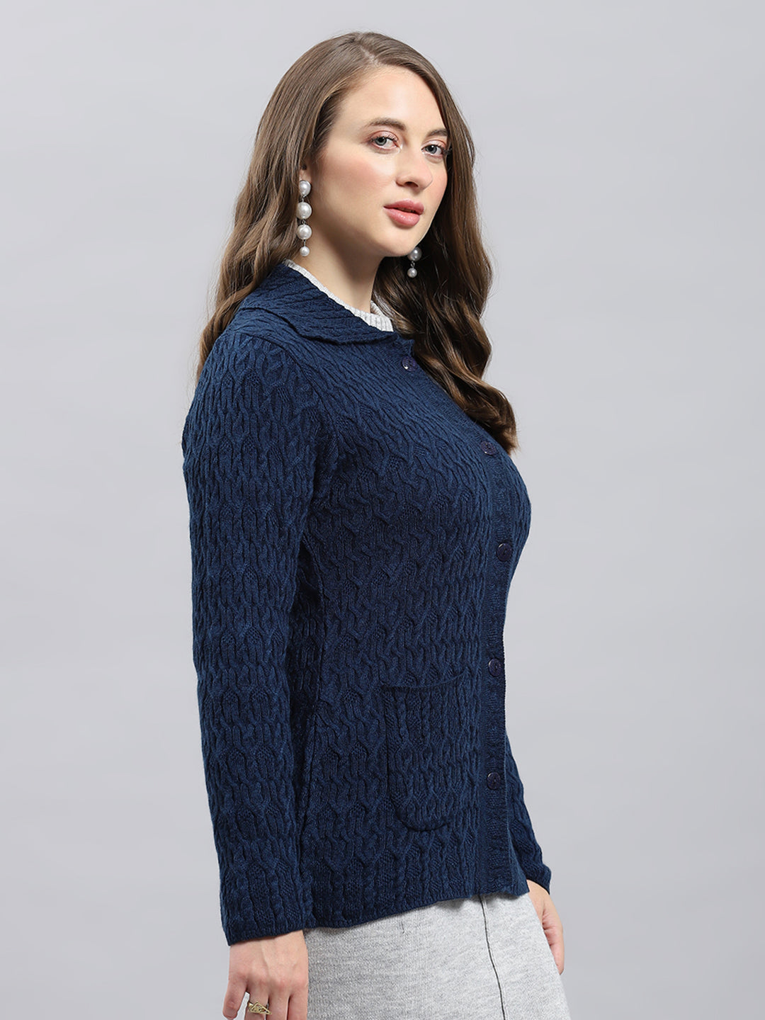 Women Blue Self Design Collar Full Sleeve Cardigan