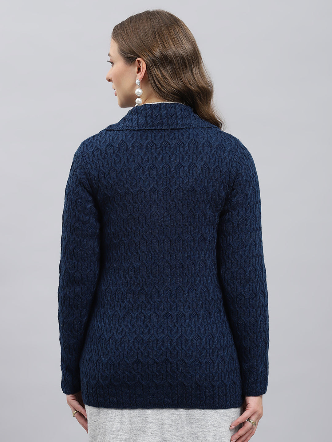 Women Blue Self Design Collar Full Sleeve Cardigan