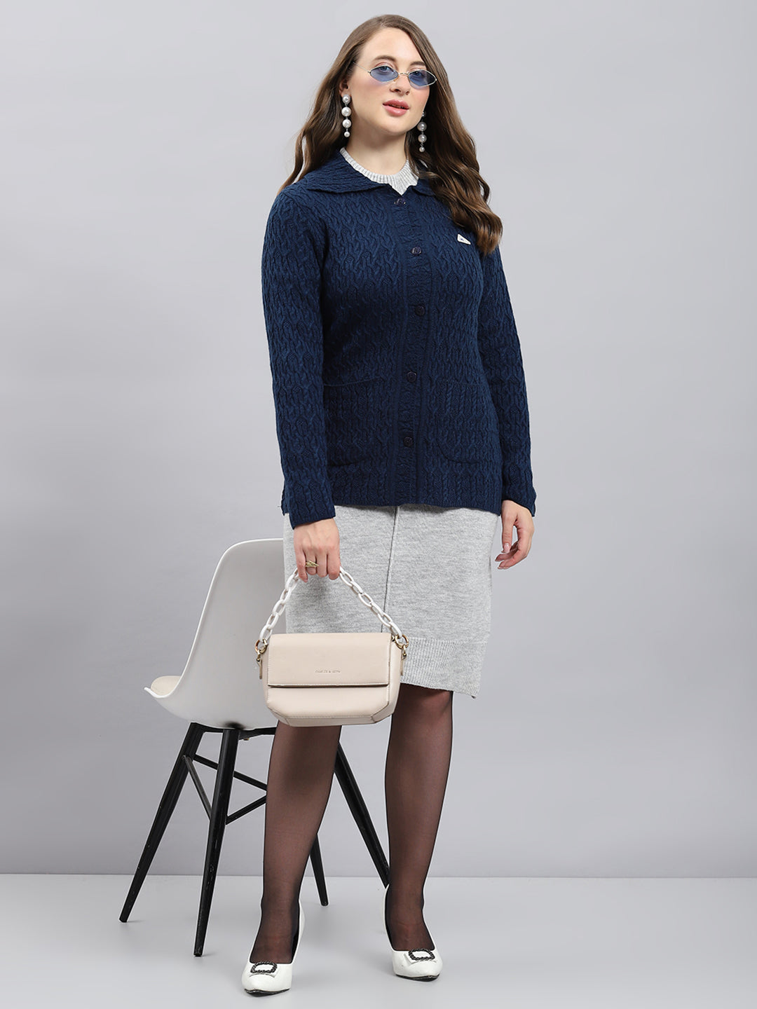 Women Blue Self Design Collar Full Sleeve Cardigan