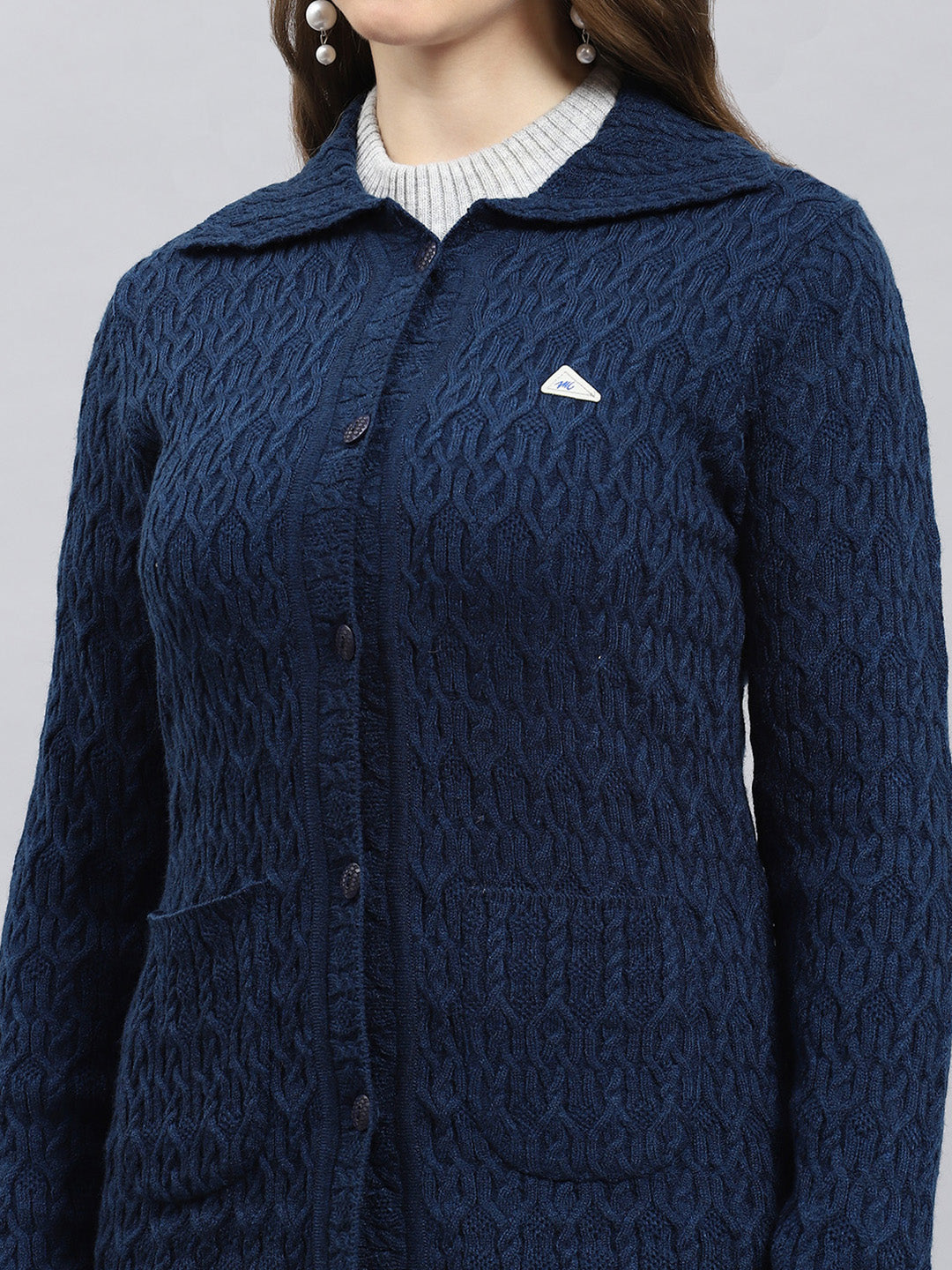 Women Blue Self Design Collar Full Sleeve Cardigan