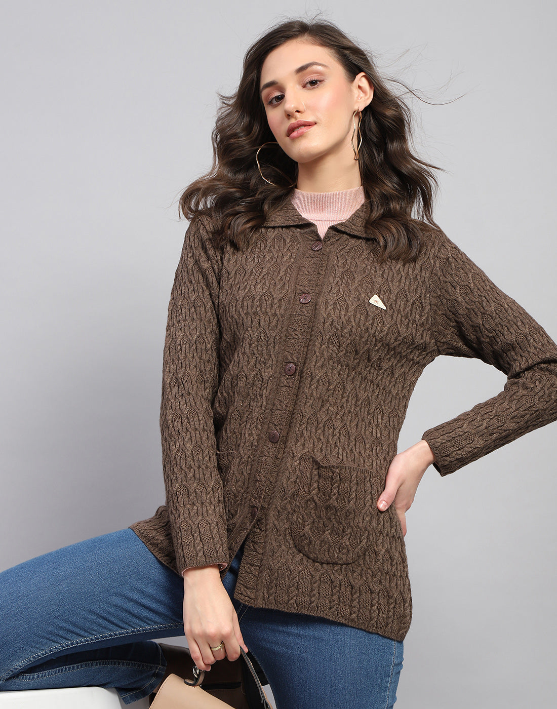 Women Brown Self Design Collar Full Sleeve Cardigan