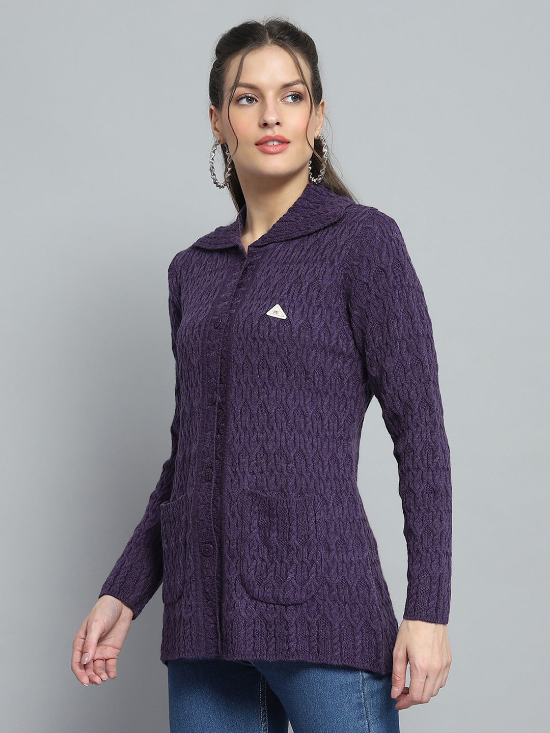 Women Purple Self Design Collar Full Sleeve Cardigan