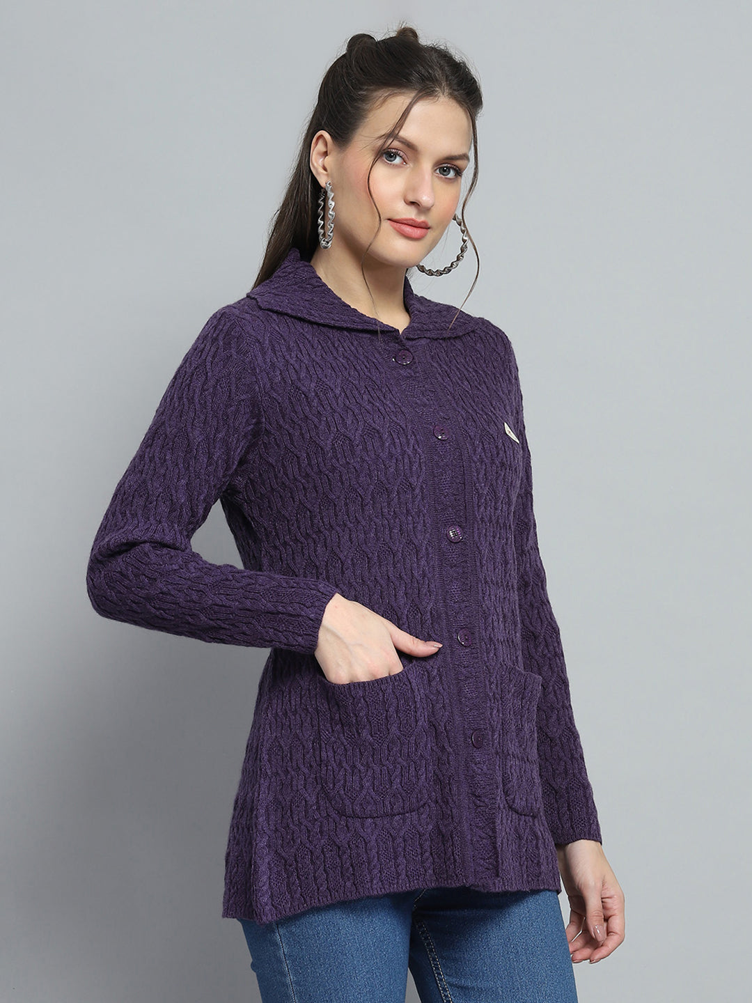 Women Purple Self Design Collar Full Sleeve Cardigan
