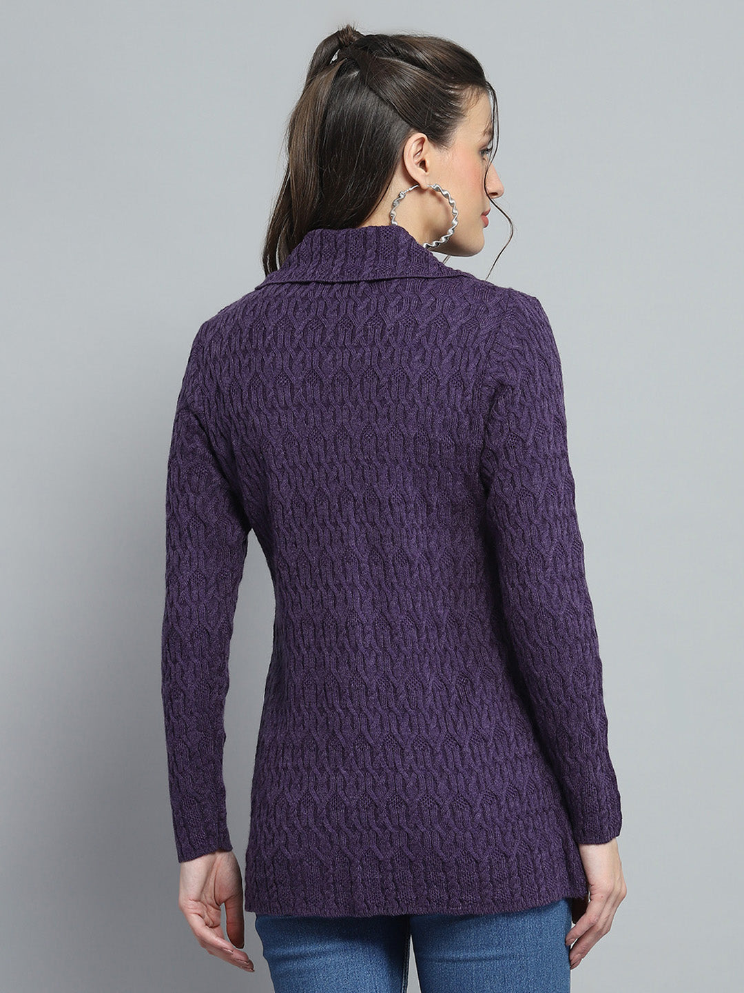 Women Purple Self Design Collar Full Sleeve Cardigan