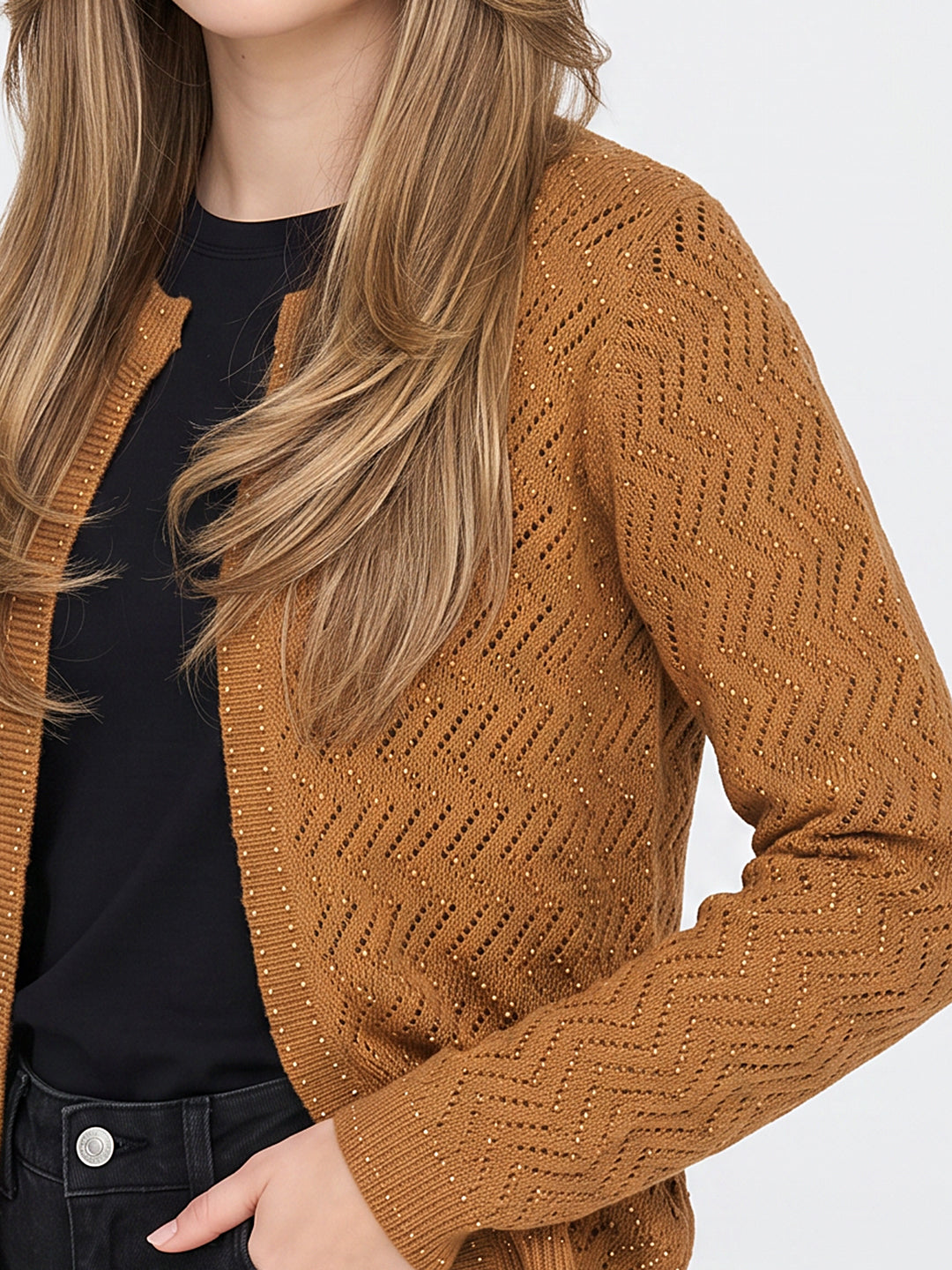 Women Mustard Self Design Front Open Full Sleeve Cardigan