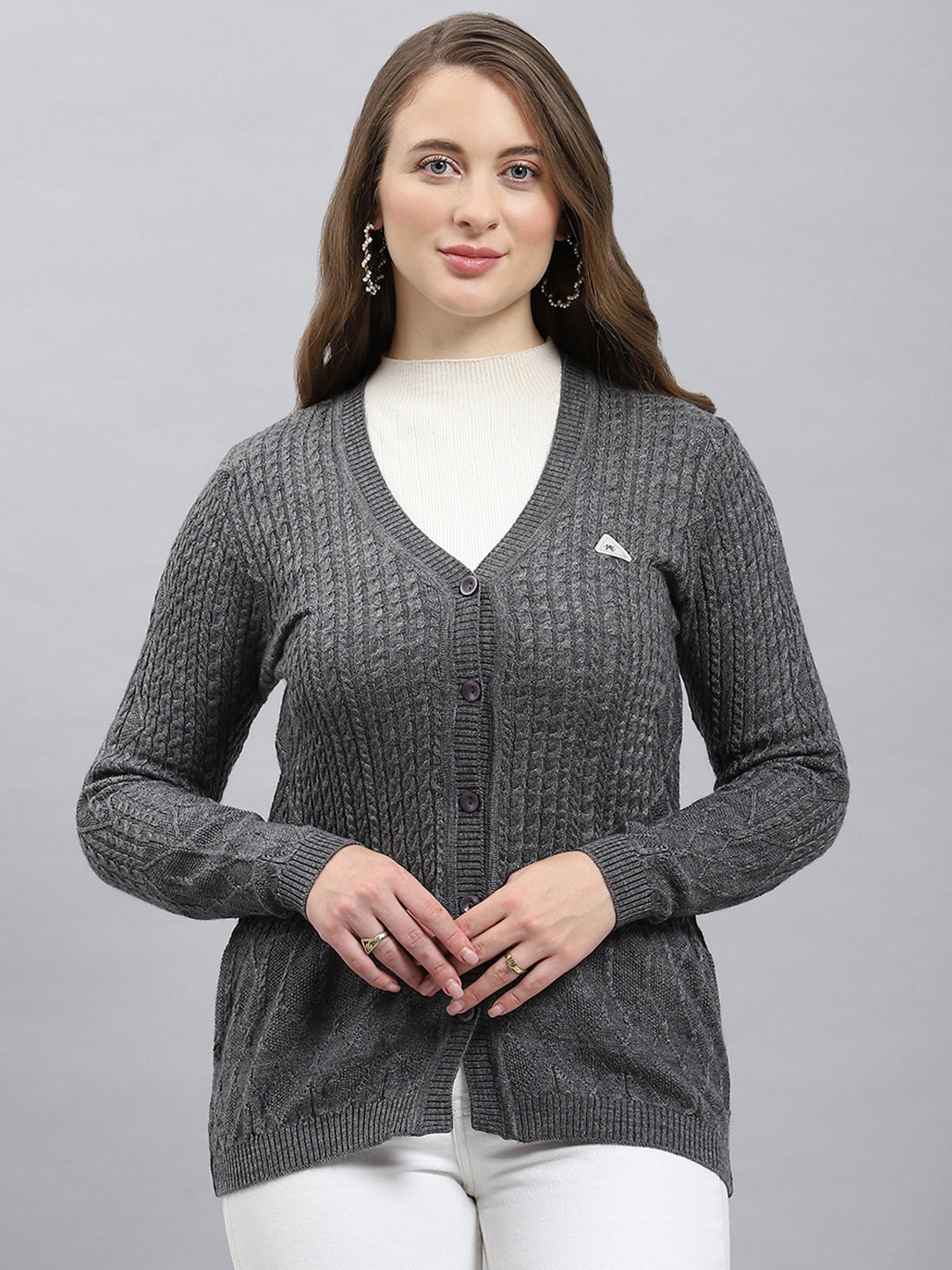 Women Grey Self Design V Neck Full Sleeve Cardigan